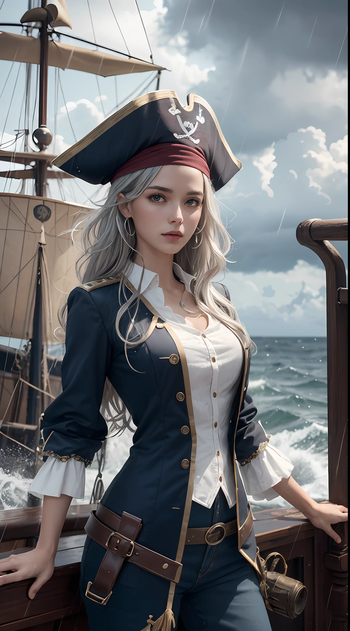 (masterpiece, best quality, award winning, highres), 1 beautiful female pirate, skinny, tall, pirate hat, intricate pirate clothes, intricate and beautiful design, highly detailed beautiful face, silver hair, medium hair, on pirate ship, storm, rain, rough sea, detailed background, water splash, extremely CG detail, ultra detail