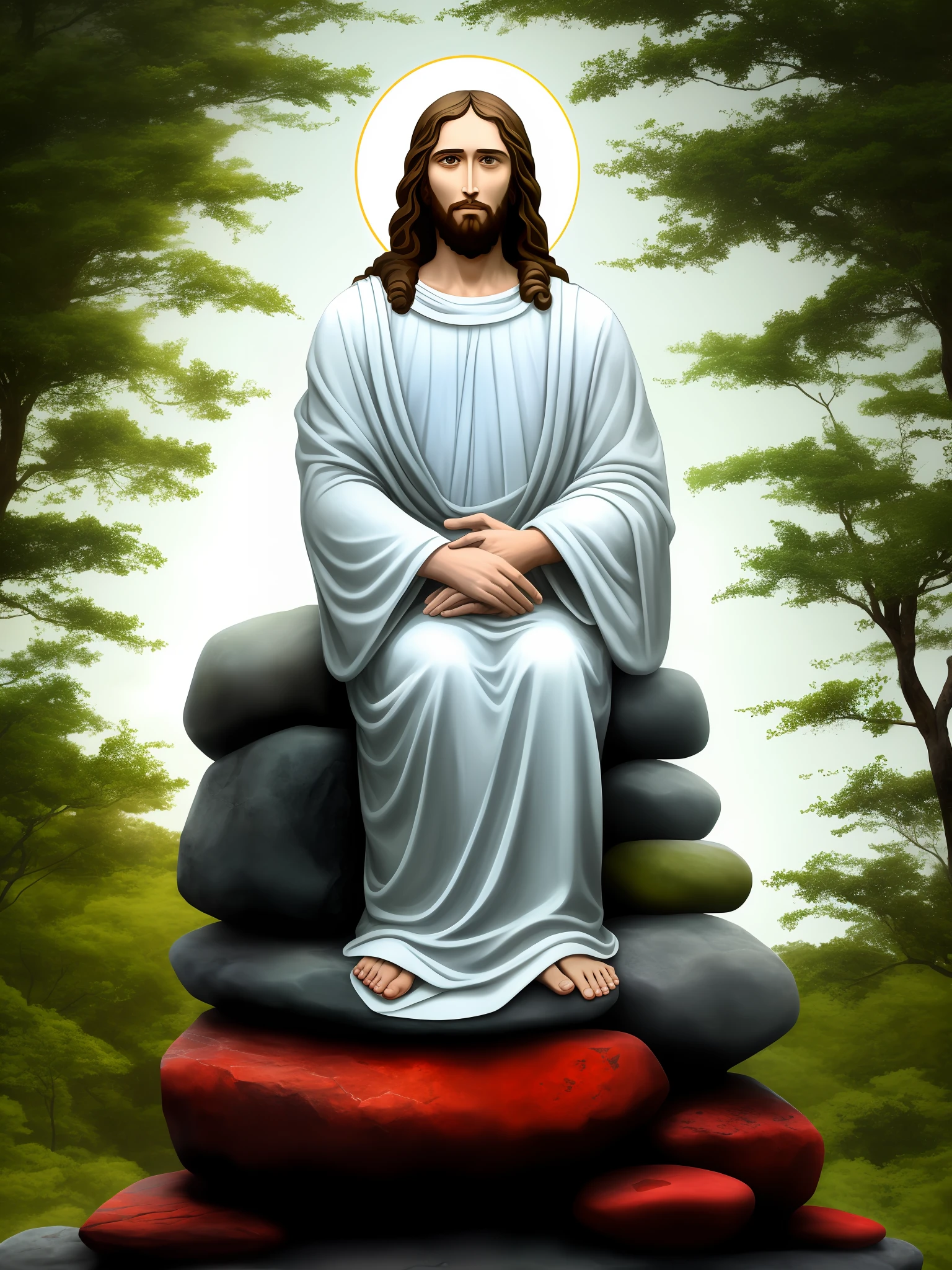 An image of Jesus Christ dressed in white and red sitting on a stone with trees behind him (realista imagem)