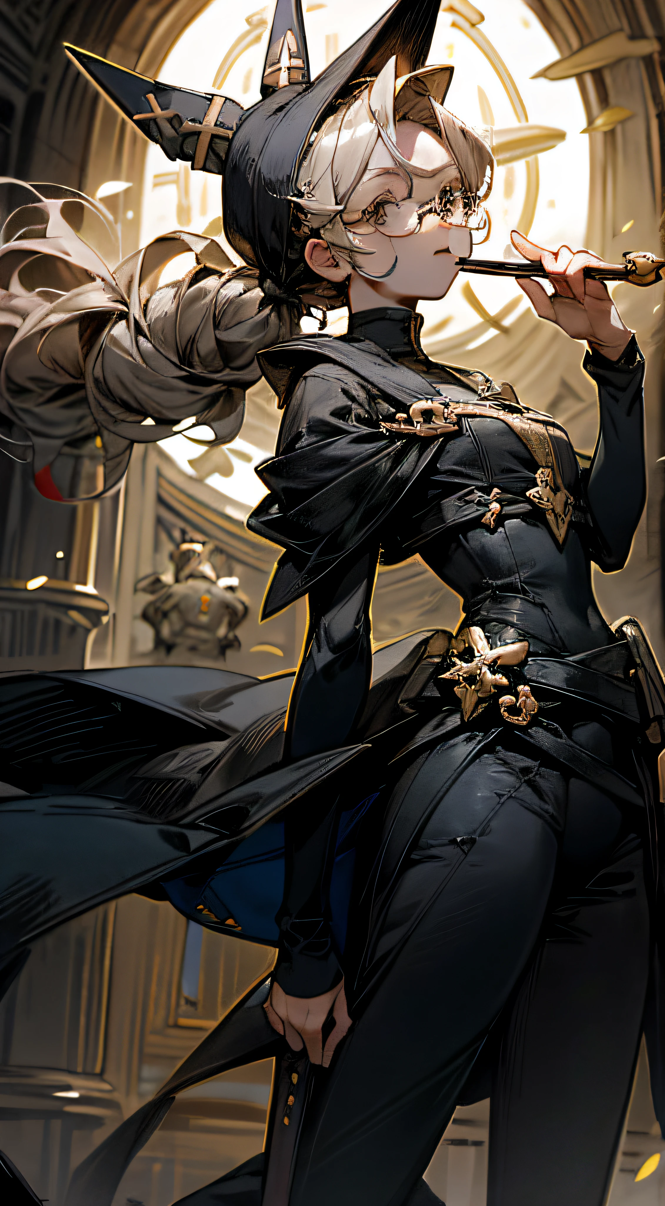 Woman, louro, anime, feiticeira, hiper-realista, Conjurando Magia do Fogo, wears glasses, hair tied back, seios cheios. olhos dourados. olhando pra cima.