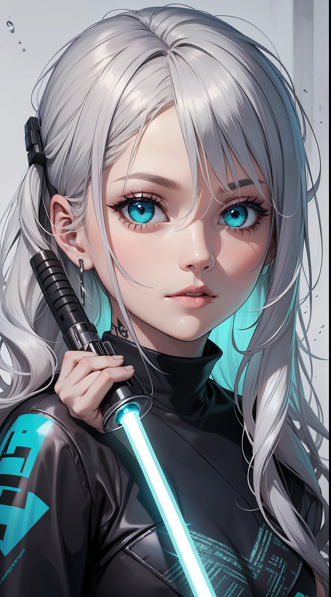 young girl, Long silver hair, turquoise eyes, white tattoos on the face, Rob Jedi, Lightsaber, Masterpiece, hig quality