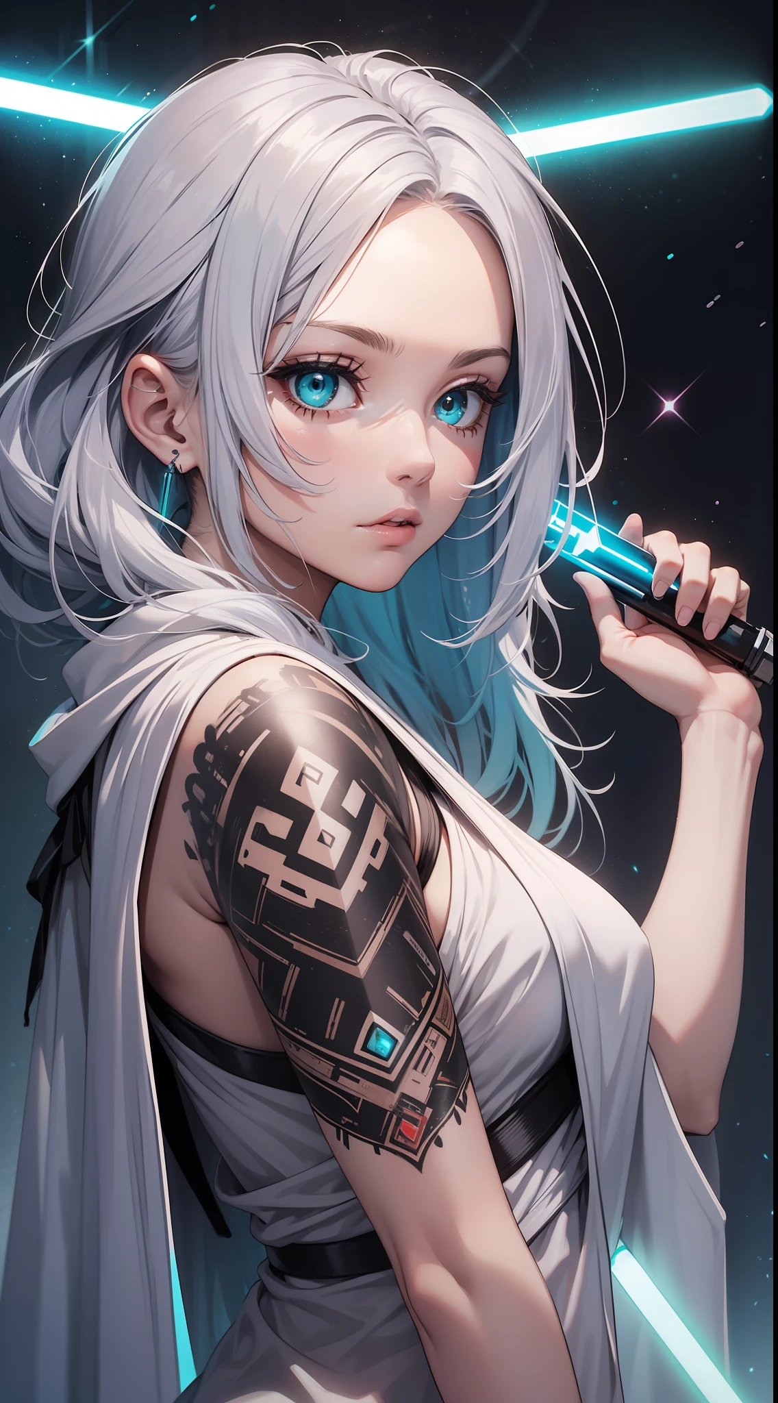 young girl, Long silver hair, turquoise eyes, white tattoos on the face, Rob Jedi, Lightsaber, Masterpiece, hig quality