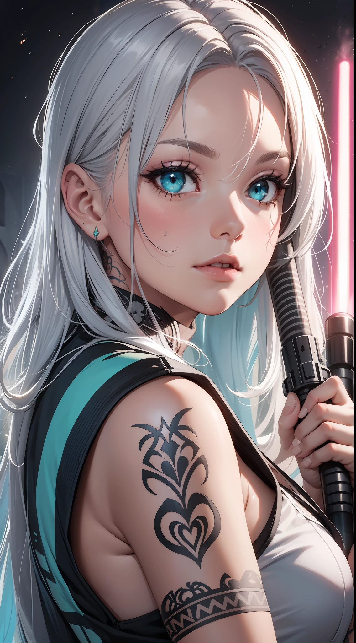 young girl, Long silver hair, turquoise eyes, white tattoos on the face, Rob Jedi, Lightsaber, Masterpiece, hig quality