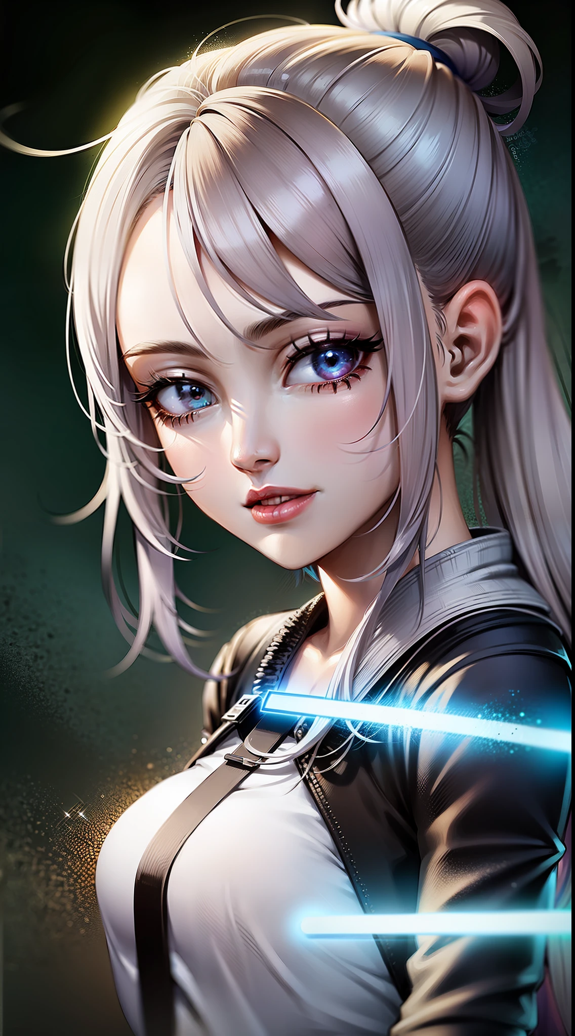 young girl, Long silver hair, turquoise eyes, white tattoos on the face, Rob Jedi, Lightsaber, Masterpiece, hig quality