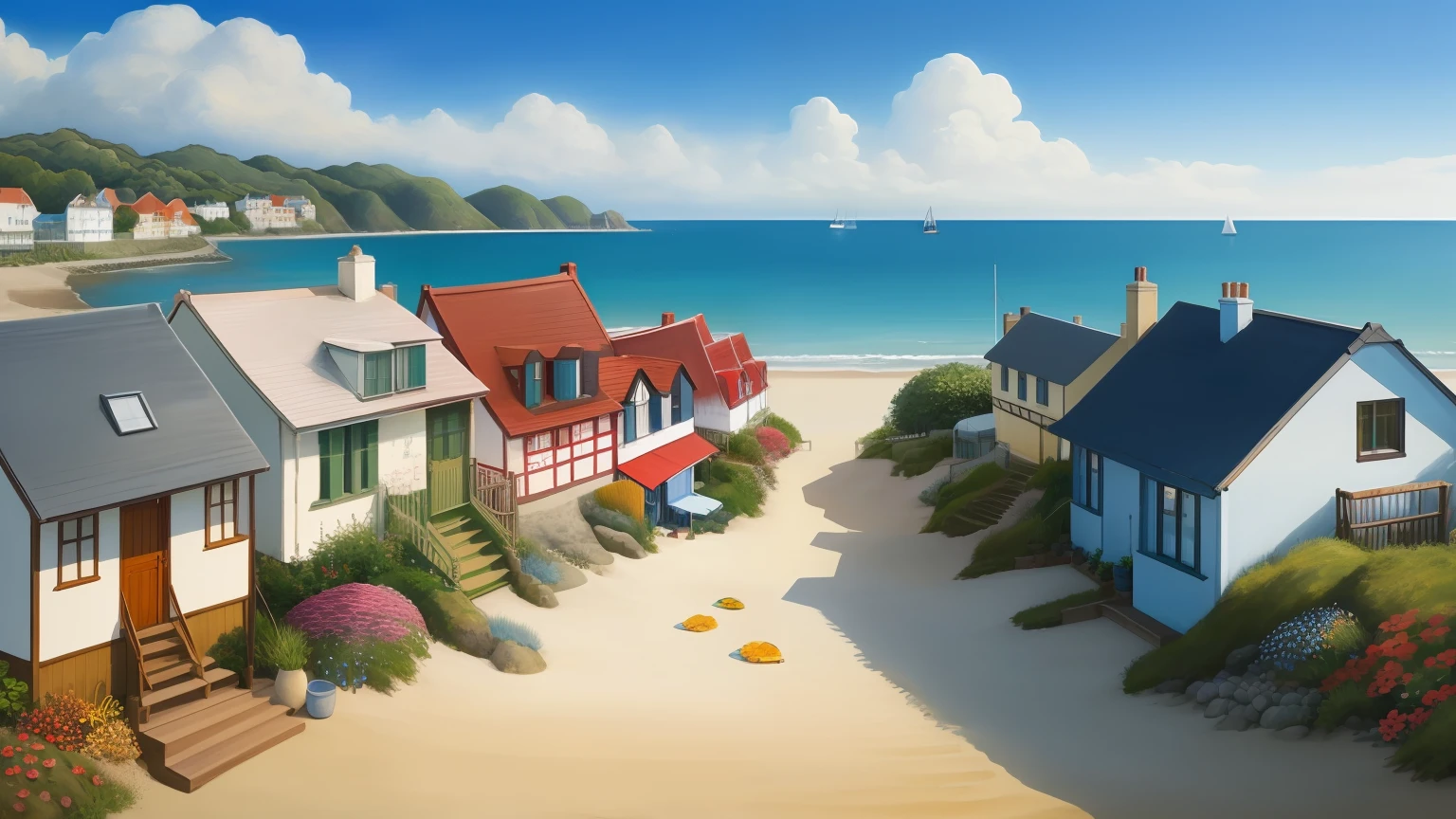(巨作, Best quality), Seaside town，small houses，Flowers，sandbeach，reef，Van Gogh style