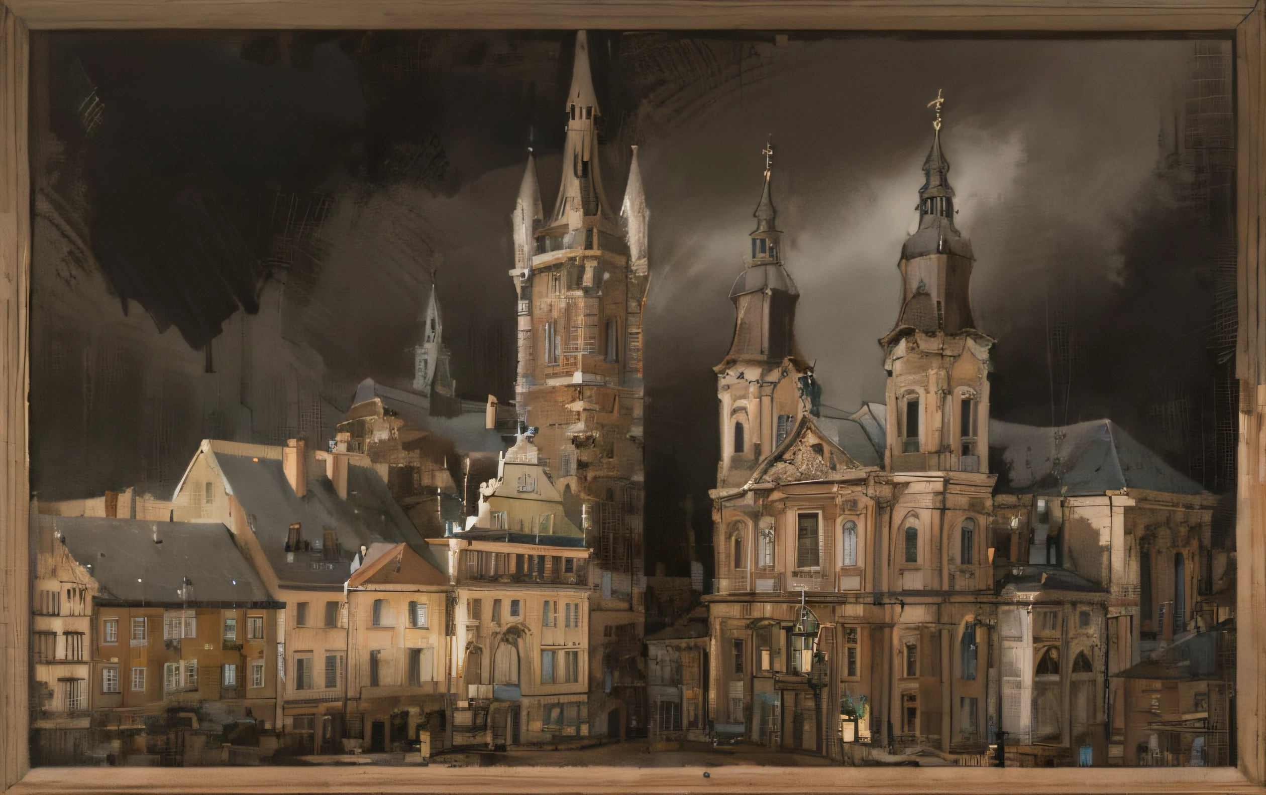 there are two tall buildings with towers on each side of them, german renaissance architecture, baroque architecture, lviv historic centre, detmold charles maurice, gothic baroque citadel, lviv, detmold, gothic building style, trip to legnica, munkácsy, in legnica, by Werner Gutzeit, european buildings, by Adolf Born, spires,street view, high contrast, dark rainy atmosphere, baroque oil painting detailed