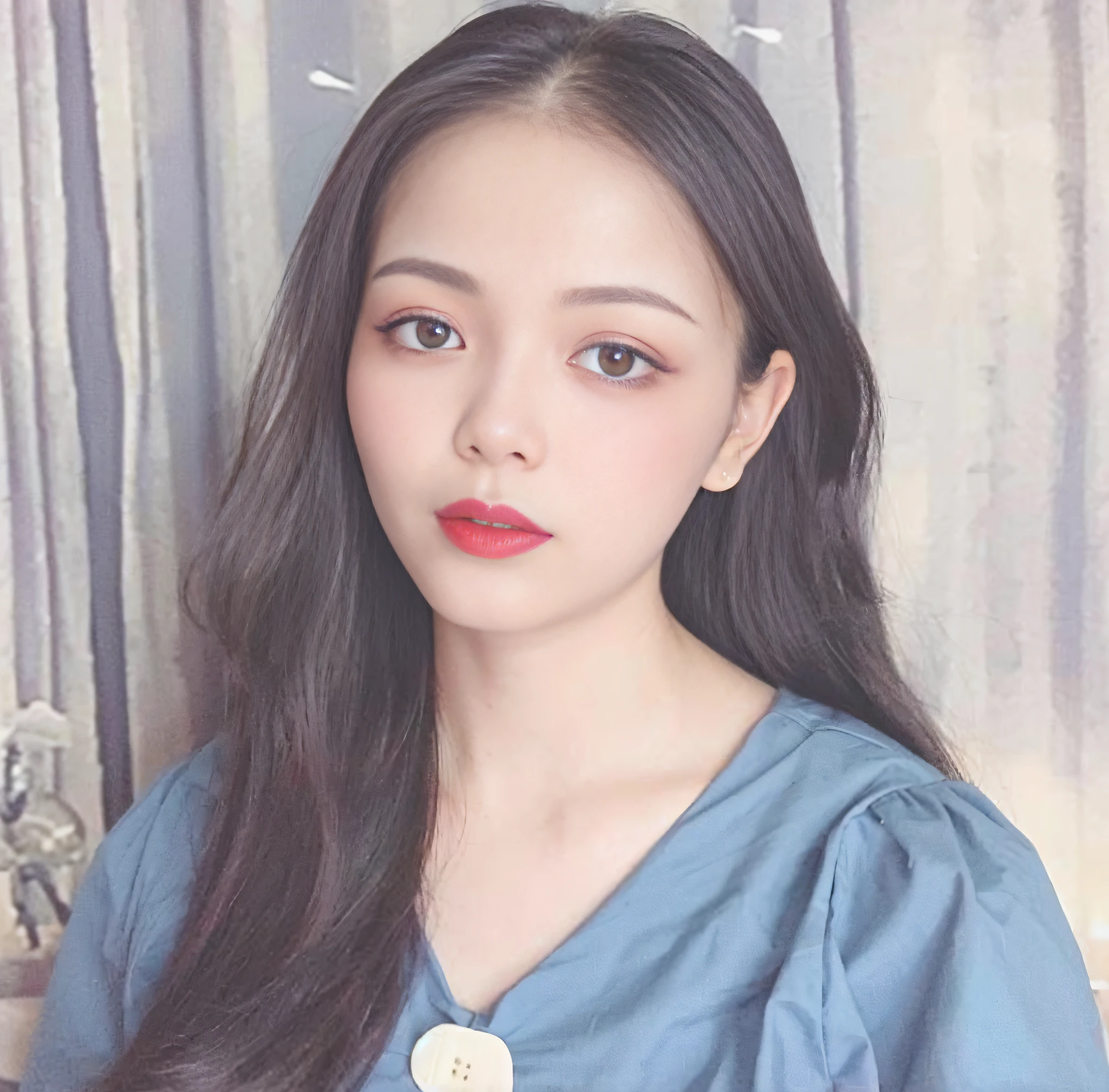 Exposing snow-white shoulders，Long haired woman in blue shirt and white buttons, Popular Korean makeup, Korean girl,