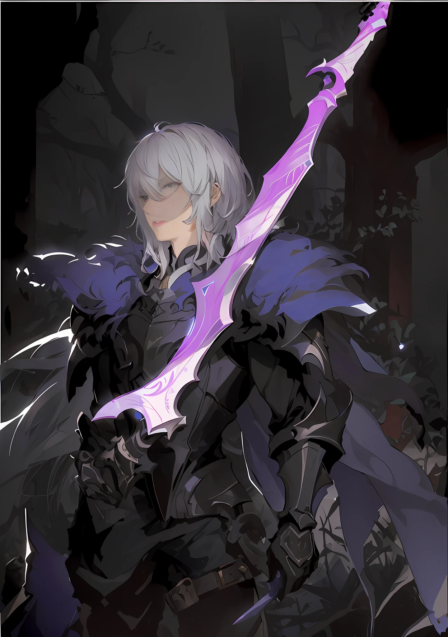 anime character with white hair and sword in dark forest, shigenori soejima illustration, portrait of dragoon, inspired by Li Chevalier, handsome drow, Neil 2 B, casimir art, anthropomorphic raven knight, male anime character, beautiful male drow, a human male paladin, griffith, nier autoamata, fate grand order，bobhair