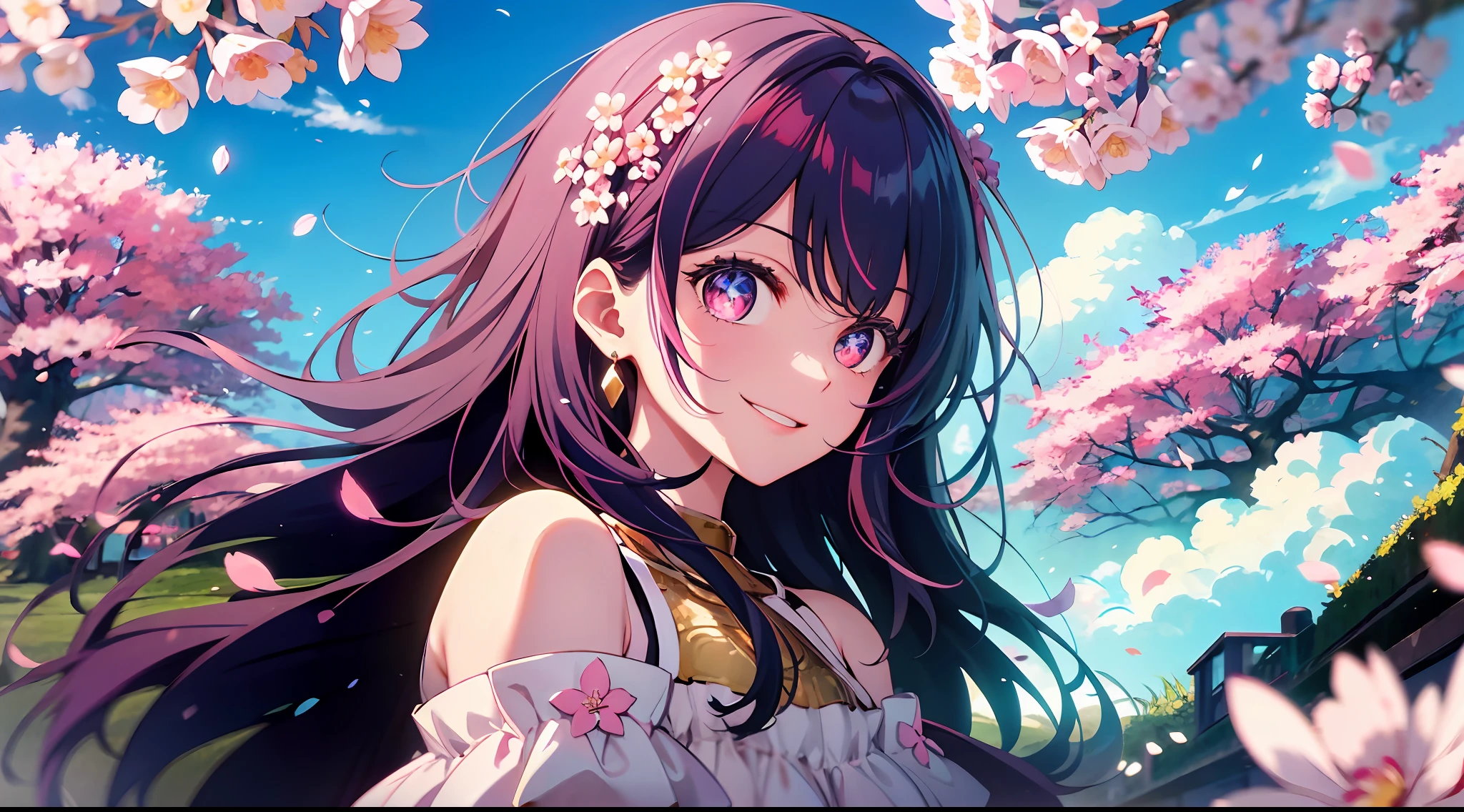 cherry_blossoms, falling_petals, petals, branch, pink_flower, 1girl,20-year-old, blue_sky, spring_\(season\), petals_on_liquid, flower, hanami, dress, (golden long curly hair: 1.5), wearing flower wreath, sky, outdoor, Clouds, bangs, smile, pink eyes, white dress with cherry blossoms, bare shoulders, earrings, best quality. Picture perfect. holding_flower, wind, tree, looking_at_viewer, cowboy shot, detail enhancement.