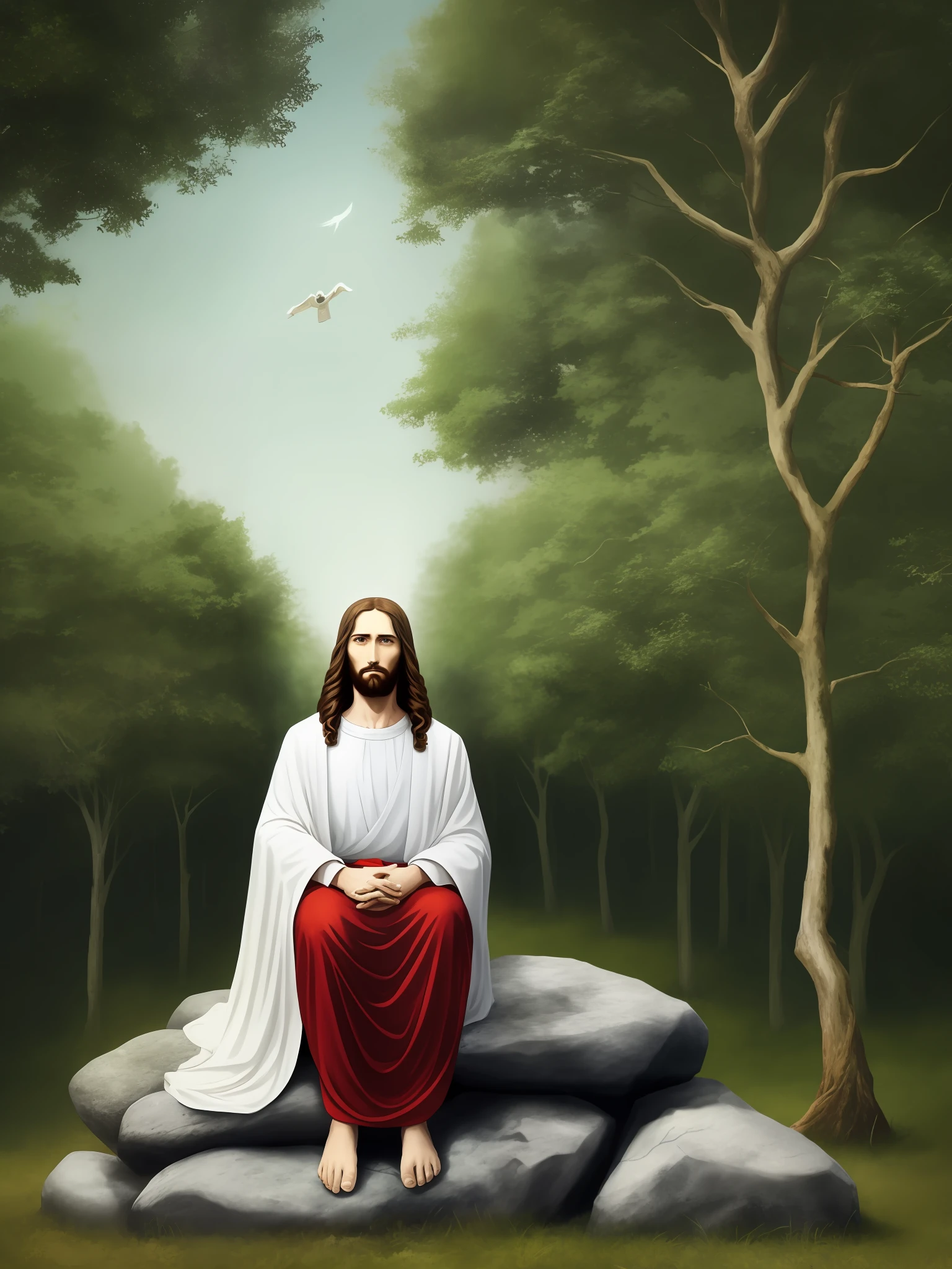 An image of Jesus Christ dressed in white and red sitting on a stone with trees behind him (realista imagem)