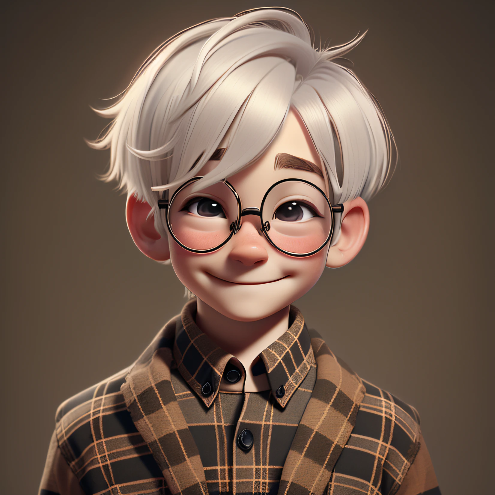 solo,  WHITE hair,  1boy, BLACK eyes, male focus, plaid shirt, plaid, shirt, simple background, smile, male child, round eyewear, short hair, closed mouth