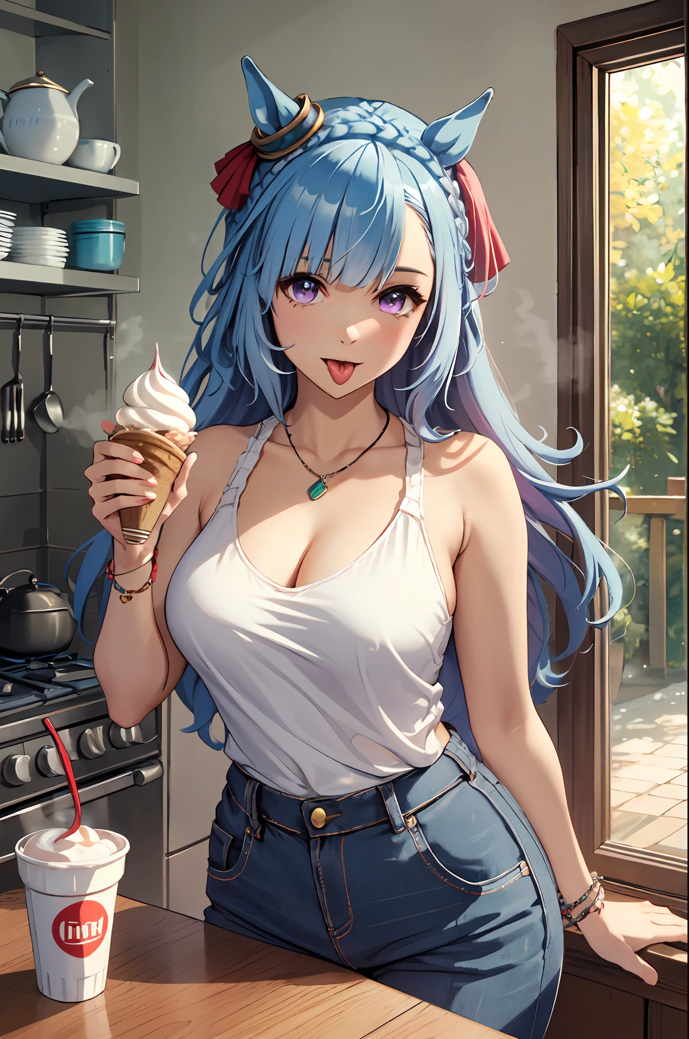 best quality,masterpiece, high res, beautiful detailed eyes,ultra-detailed, mejiro ardan \(umamusume\), ear ornament,horse ears, horse tail, summer, kitchen, trousers, white tank top, blue zipper, open chest, bracelets, jewellery, casual, necklace, holding a teacup, steam,Squint,Beautiful girl licking up a large soft-serve ice cream with her tongue,