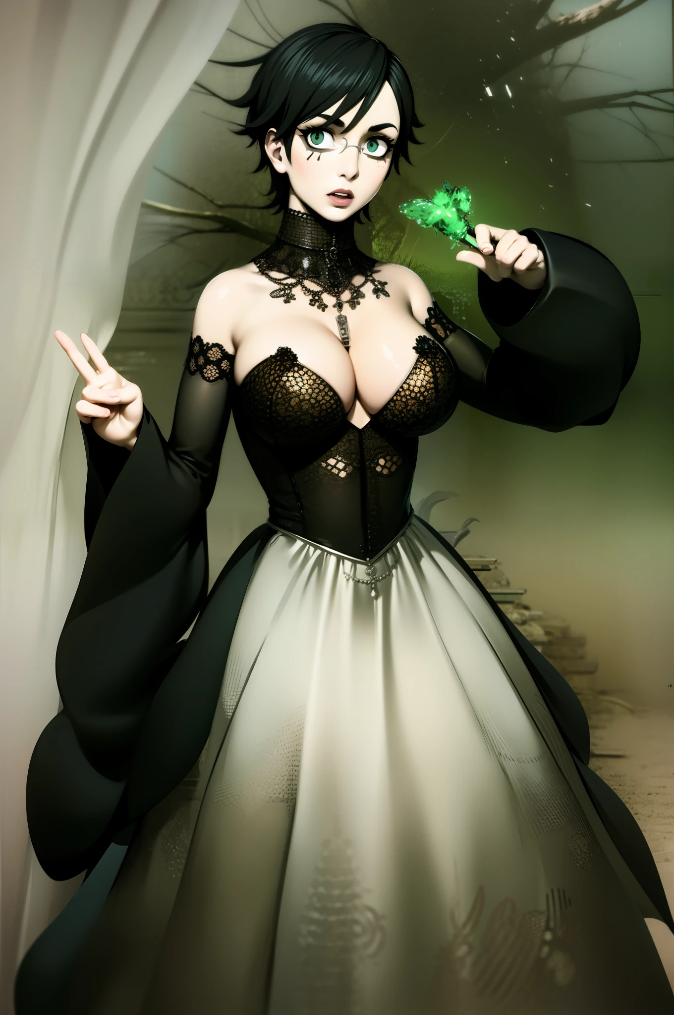 Cheveux courts, long robe, chiffons noirs, tomboy, cheveux noirs, maquillage, Goth, verre,sein moyen, christian, Croix latine, seul, forest, full clothed, victorian cloths, Jupe longue, marche