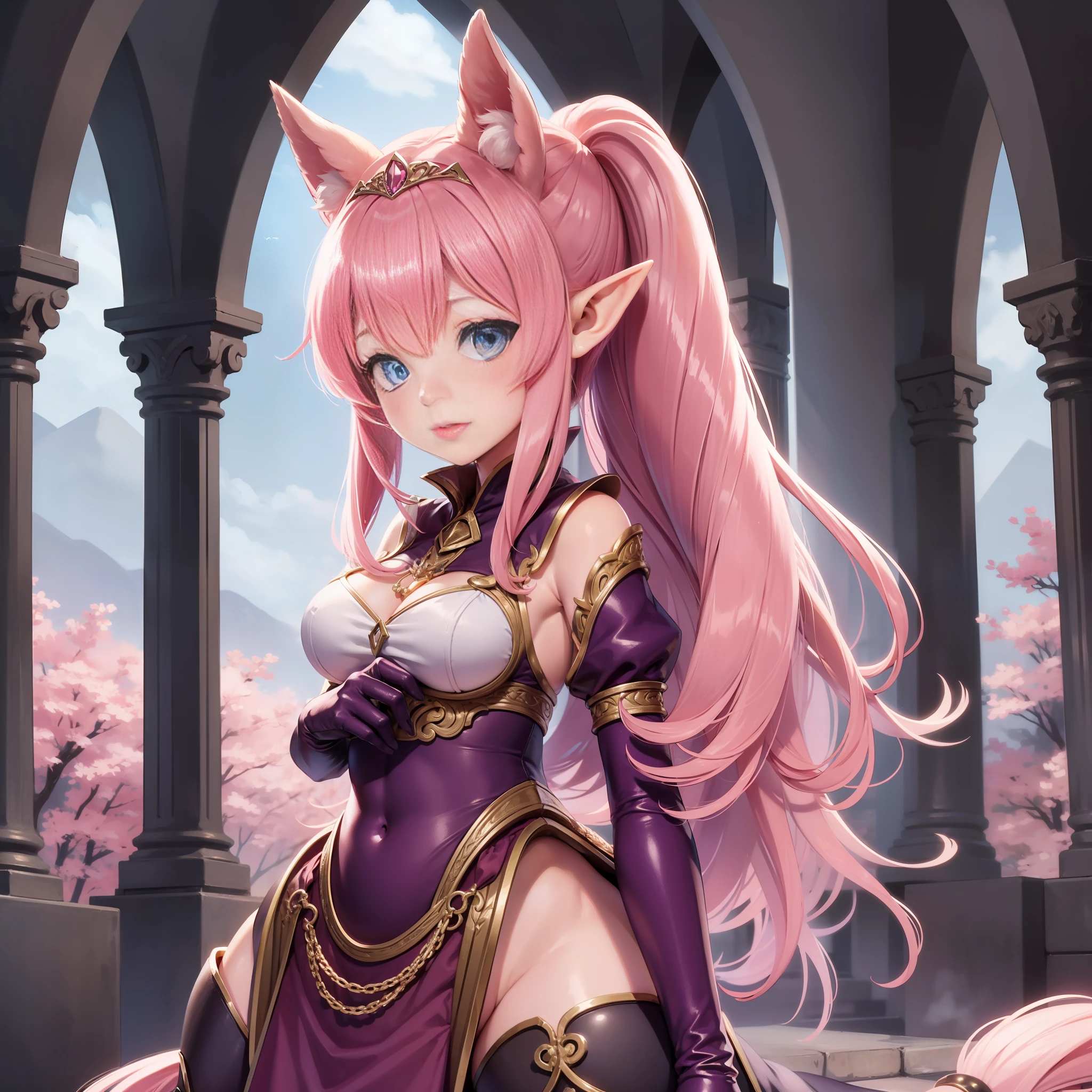 1girl, centaur, long pink hair, princess outfit, blue eyes, pointy ears, humanoid