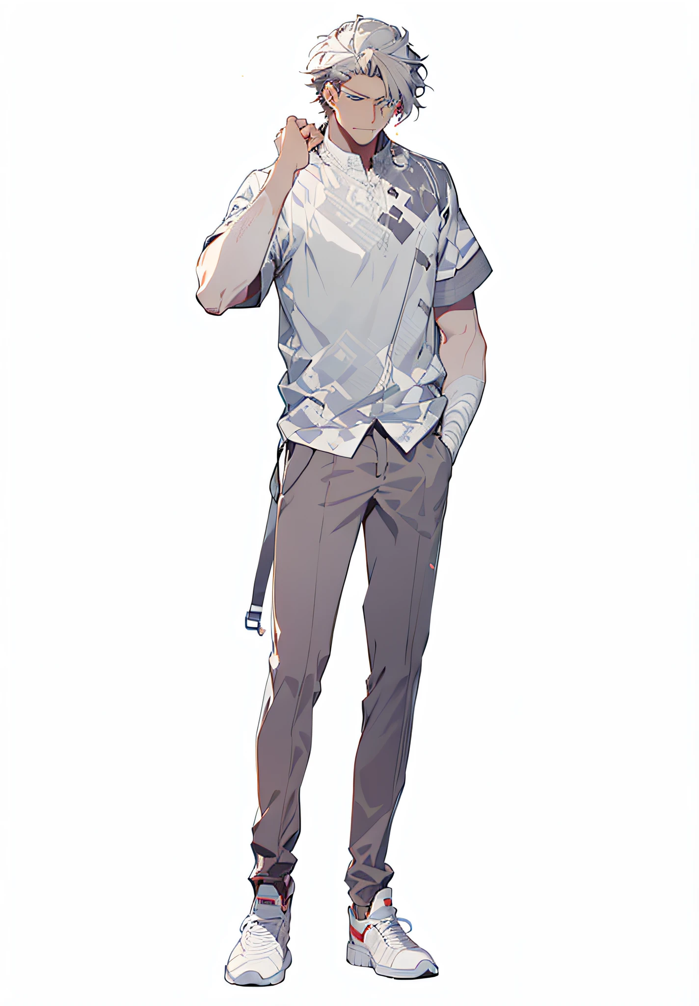 Semi-realistic Korean style male，pure white background，Clean design，Epic Instagram，artstation，Standing painting，Stand up，Ultra-detailed intricate details，8K分辨率，A masterpiece of deviantart，illustration，Semi-thick coating，（Isolate on a white background：1.3），white-skinned，(((Handsome young man))), ((teenage:1.5)), (blue-eyed),，((((Short gray hair:1.1))), ((Gray short sleeves)), (Prince\\(Indifferent expression\\)，Black silk trousers，White sneakers，White underneath a long-sleeved shirt