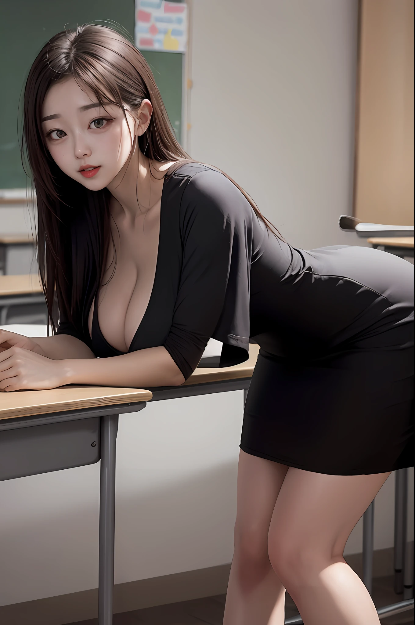 photo of 26 years old milf woman is teacher in a classroom, bent over desk, tight dress, jaw dropping, perfect body show, solo shot , 1 girl, solo girl.