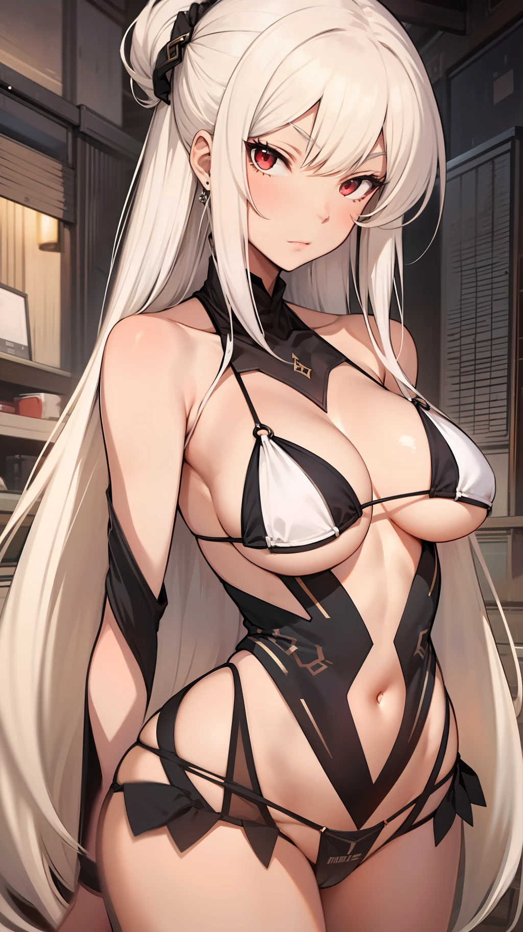 large breasts,cleavage,micro bikini, areolae,Hair rings,Half updo，1girl,red eyes,long hair,hime_cut,{hair in takes},medium breasts,white hair,silver_hair，