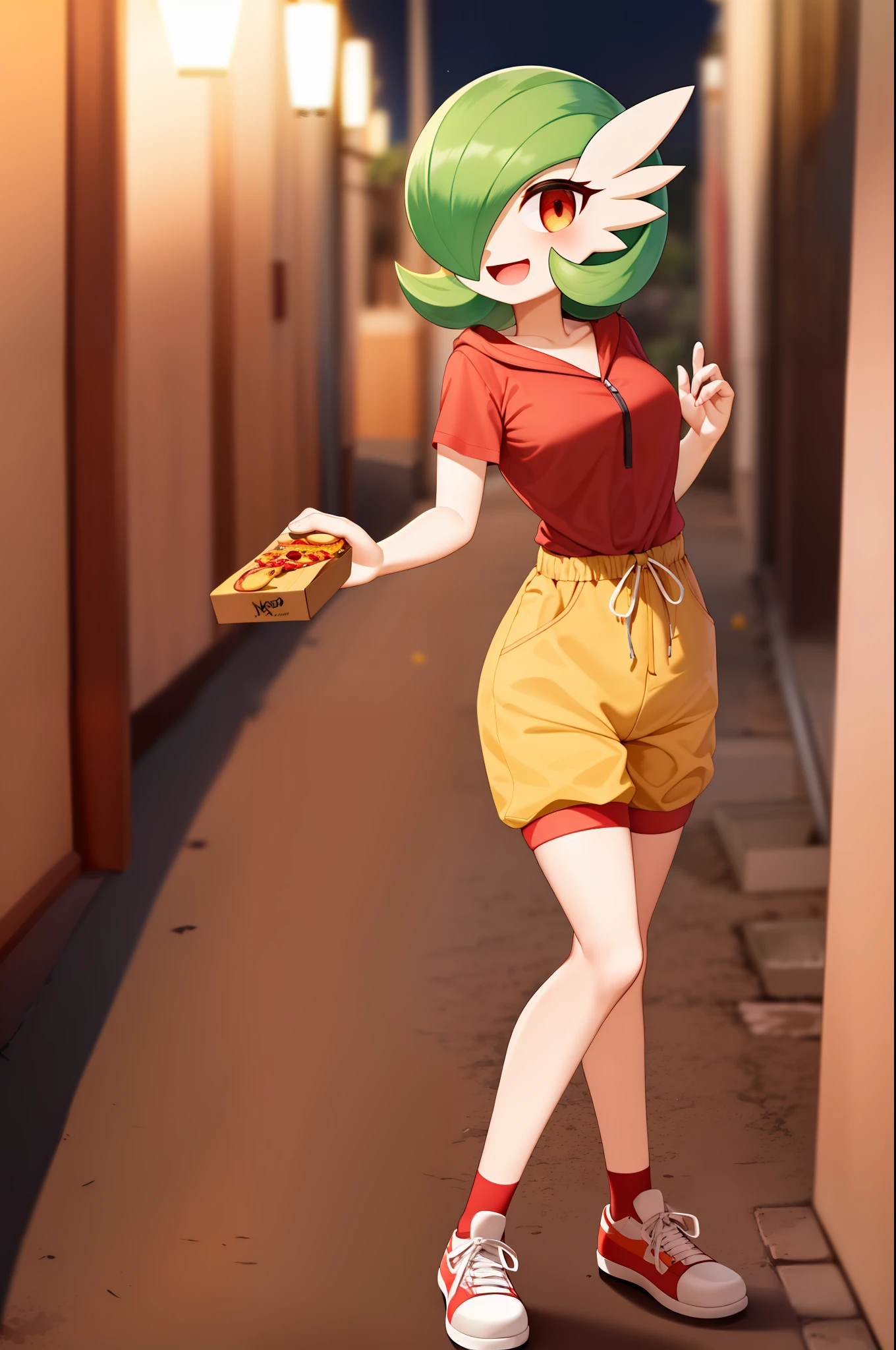 obra maestra, best_quality, 1girl, solo, gardevoir, pokemon \(criatura\), cabello verde, ojos rojos, en una ciudad, de noche, sonrisa, usando shorts, camisa roja, uniforme de pizzeria, lleva una caja de pizza en la mano, caja para pizzas, uniforme ajustado, senos femeninos, senos medianos, detras de ella hay una moto, moto vezzpa.