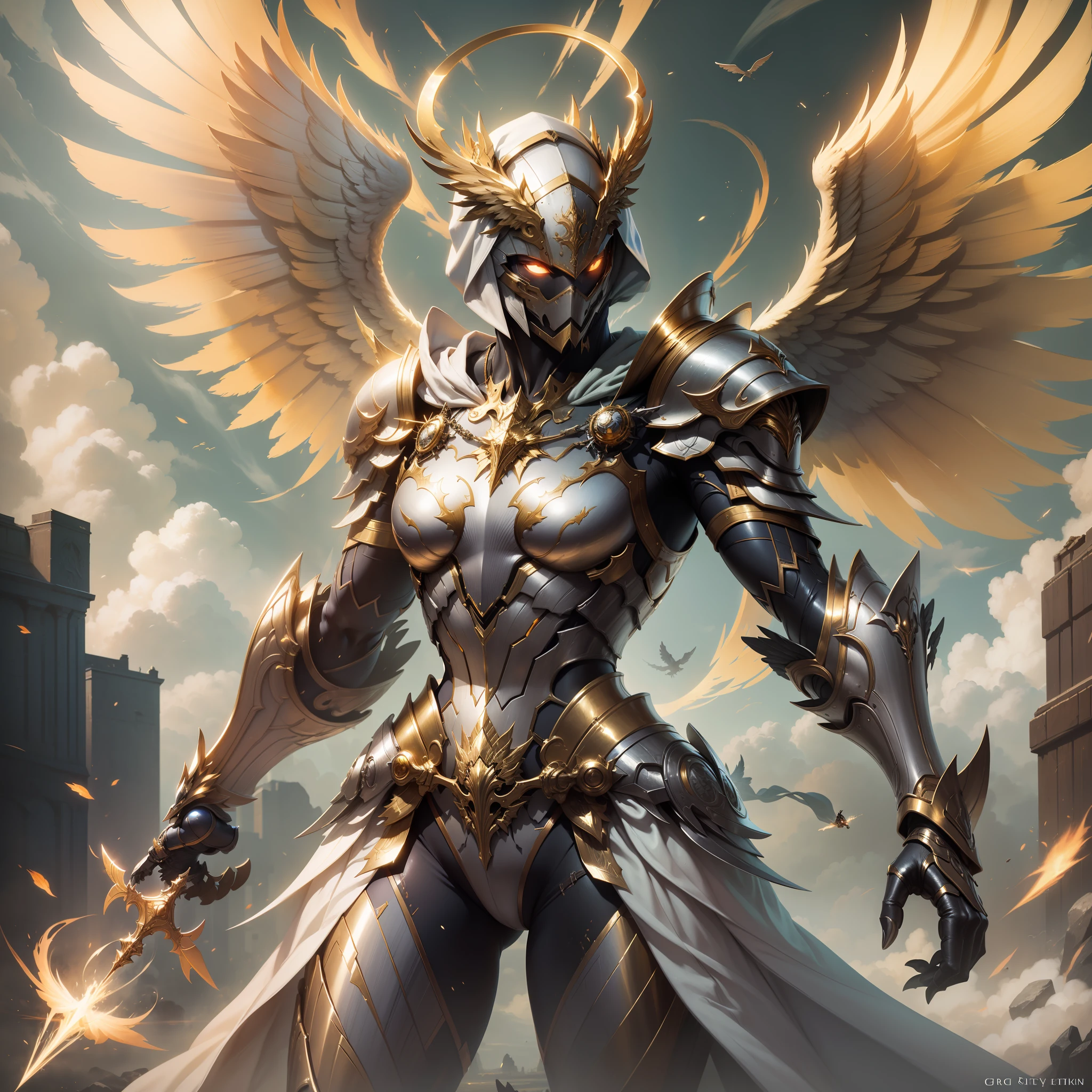 Golden armored angel, wings made of energy, metal halo, no face, hooded, gold, fantasy, concept art, ultra realistic, character art by greg rutkowski