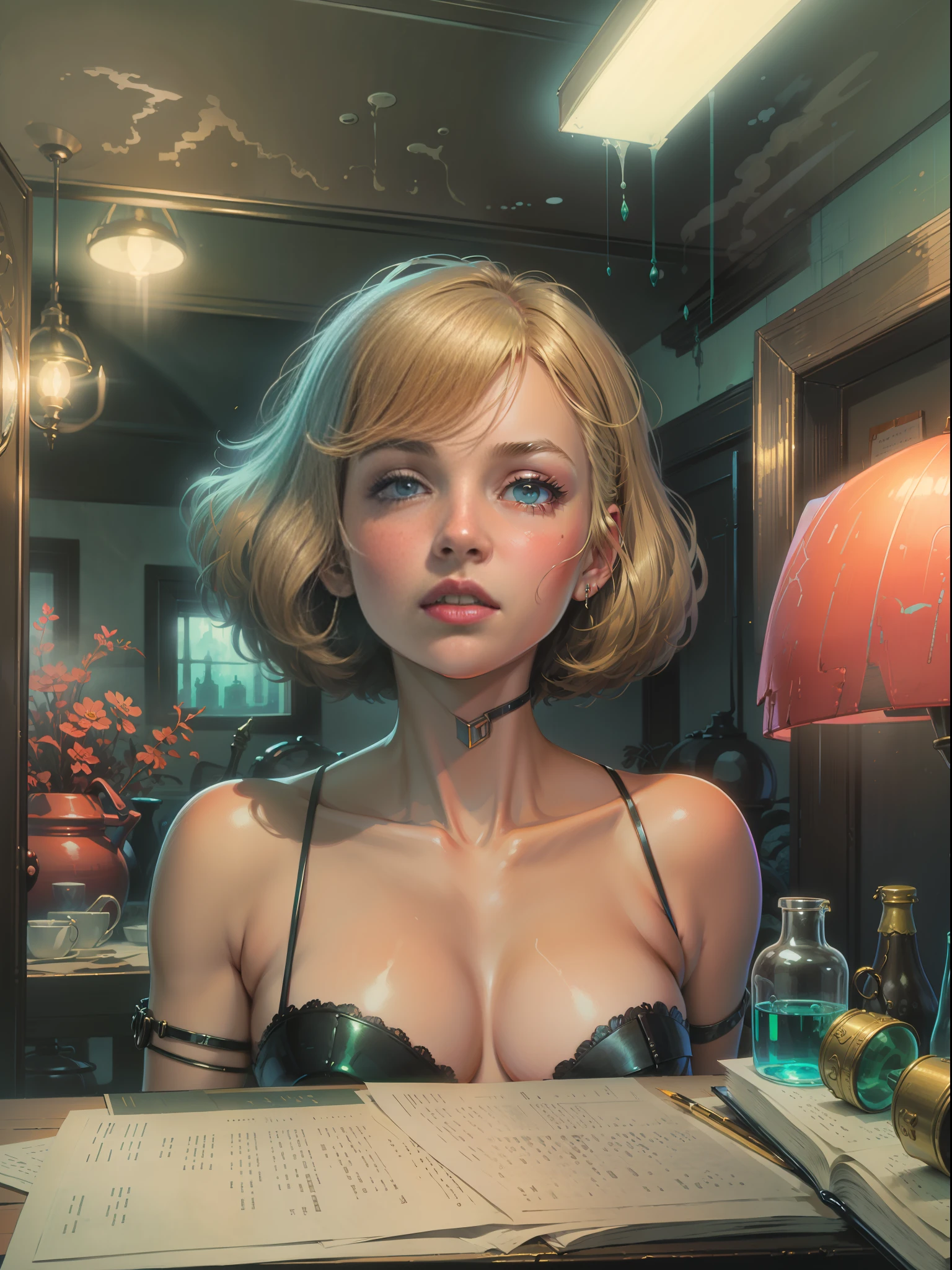 Neon coral, mannequin, thick ink oil, that runs through a polluted foggy, brutalist expressionism house, Stanislaw Szukalski, Moebius, peter elson, Alex prager, ray tracing, anaglyph, pov, anatomically correct, award winning