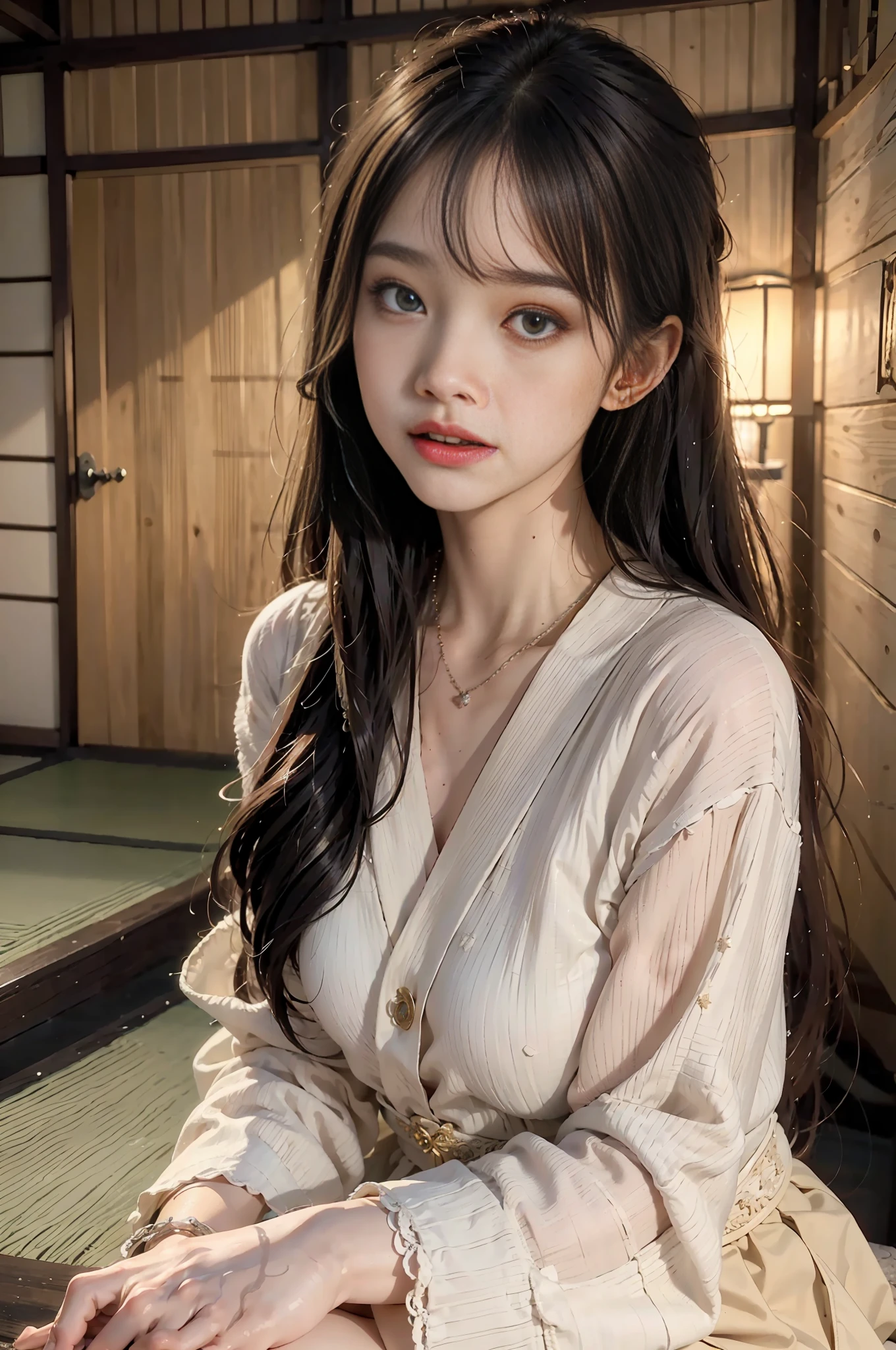 JK Maiden，A girl wearing a Japanese girls' school uniform，8K，Extremely high image quality，Cinematic film texture，photorealestic，Eating Japanese food，Nikkei background，deep of field，tatami room，Warm lighting，Bow on chest，Qi bangs，Long hair that falls over the shoulder，(Playful eyes)，Double eyelid，Deepening of the tail of the eyes，Lying silkworm，Wear a bracelet on your wrist，Scarlet lips，The lips are shiny and textured，Fine skin texture，Brown sparkling pupils，((((Keep your eyes on the camera))))，delicate finger，((Round face))，(((Small lips))) back wrap skirt,White and colored hair，Sakura skirt,Petals fly,Silk scarves wrapped in fly,Lace panties,Perfect big breasts, There are shadows on the body, Smile with, a beautifulchi girl，hot chick，goddesses，maid，Waitress，Close one eye，Watery eyes，lipsticks，Stick out your tongue，tiger teeth，Short ponytail，Messy hair，Wave head，Princess cut，Fluffy hair，Pearl bracelet，Jewelry，Rimless glasses，lacetrim，Camisa blanca，vests，See-through installation，Maid outfit，JK school uniform，sailor suits，ta style，A barefoot，roller skates，Ruffled socks，Wet pantyhose，Lace wreath on the legs，garter belts，cross legs，Stand，[Boo gesture]，Put your hand to your mouth，dynamic angle，Facing the viewer，Lifting skirt，Adjust over-the-knee socks，stooping，Holding a mug，Hold the cheeks，Pinch your hair，autumnal，skies，As estrelas，meteor shower，rainbowing，falls，rice paddy，cliffs，flowerfield，playground，water fountain，temple，exploding，Magic ring，stained glass colored，steamy，Star Angel，Starry Sky Law，masterece-piece，high detailes，Medium shot，exquisite facial features，Perfect face，Glowing skin