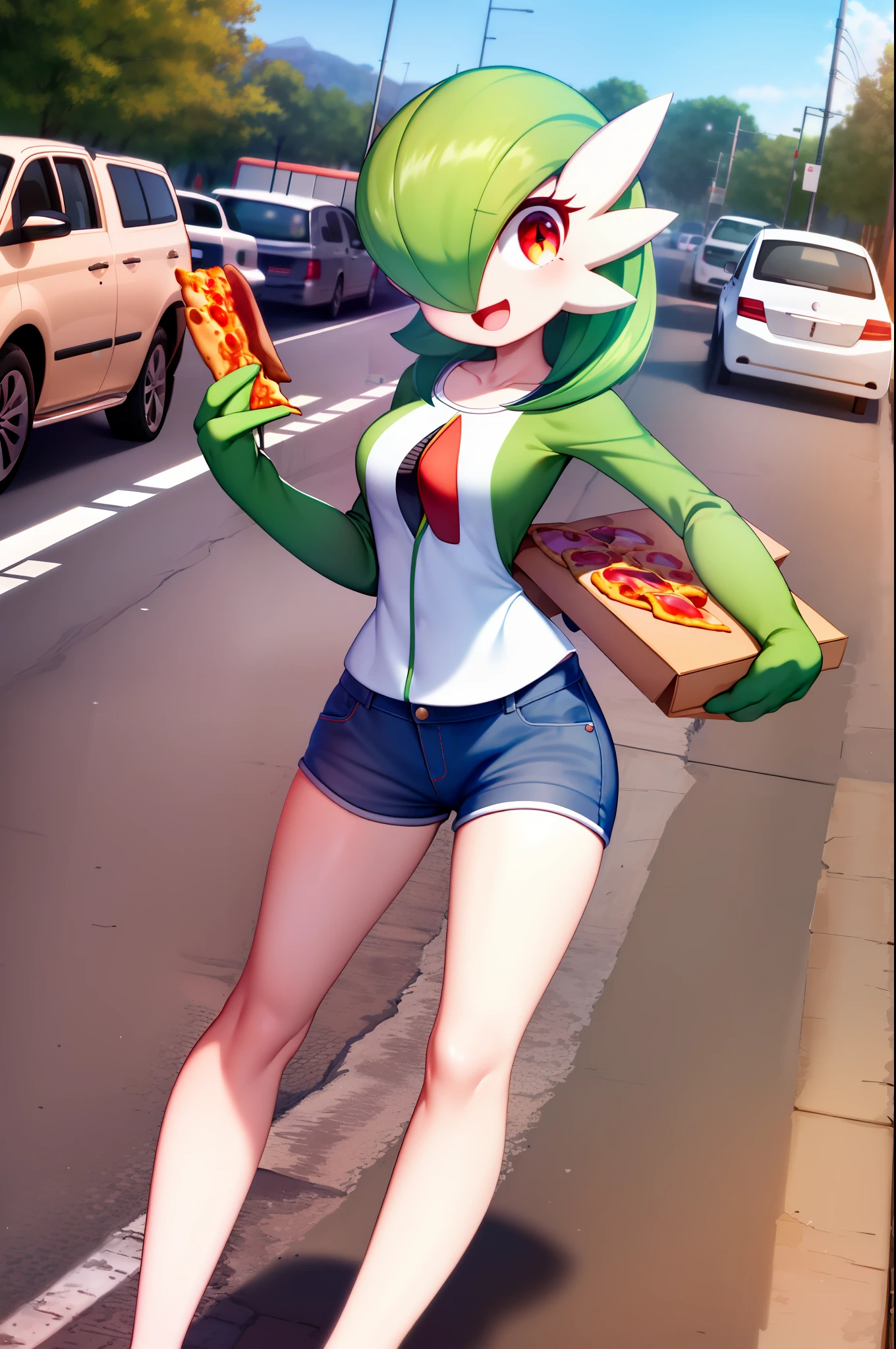 obra maestra, best_quality, 1girl, solo, gardevoir, pokemon \(criatura\), cabello verde, ojos rojos, en una ciudad, de noche, sonrisa, usando shorts, camisa roja, uniforme de pizzeria, lleva una caja de pizza en la mano, caja para pizzas, uniforme ajustado, senos femeninos, senos medianos, detras de ella hay una moto, moto vezzpa.
