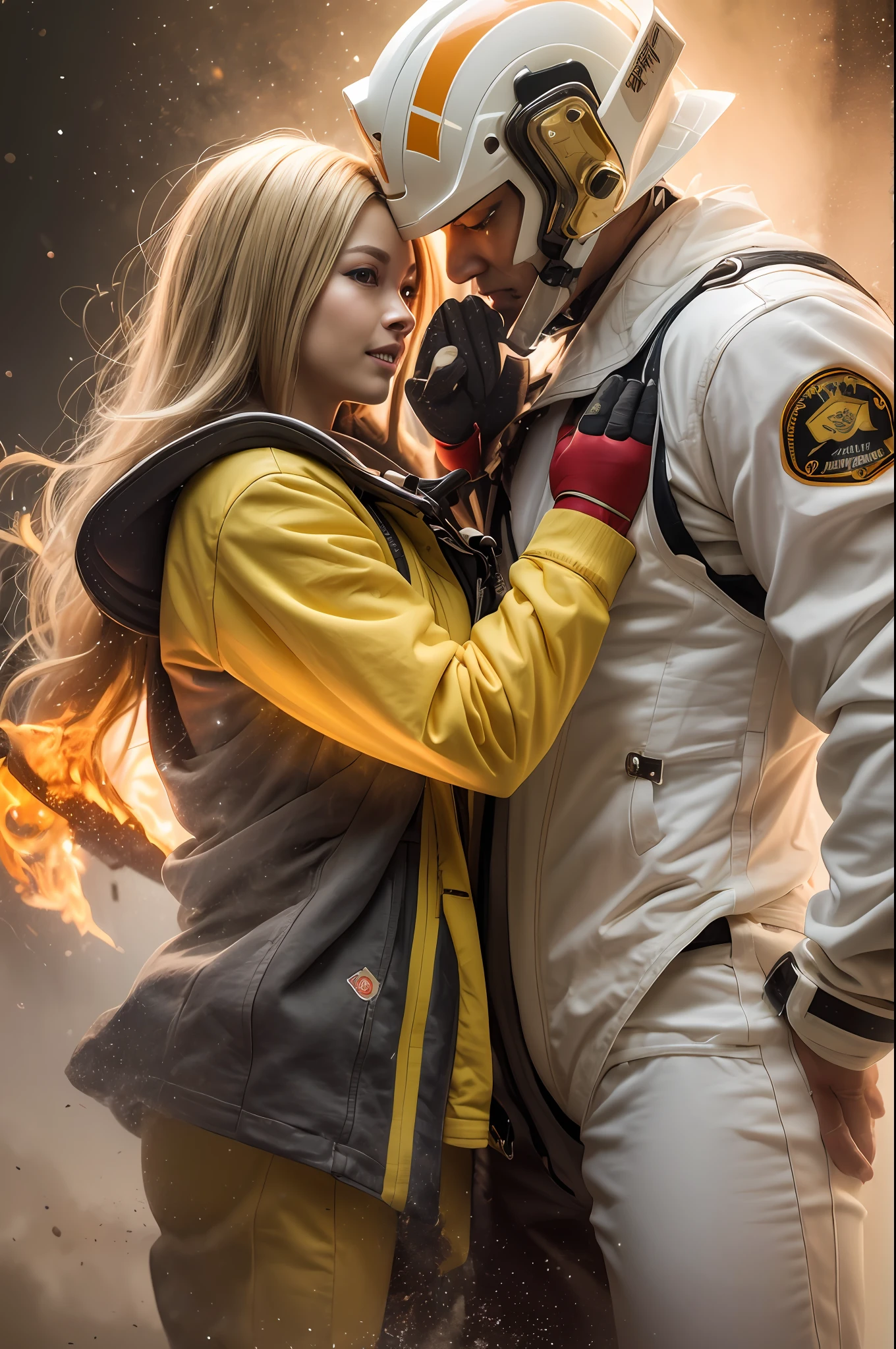 (Fire fighting heroes:1.2+Fire fighting suits:1.4+Blonde white woman:1.6+Fire rescue+Emotional warmth)A firefighter did not hesitate to weave through the raging fire,His only sight was a blonde woman dressed in a gorgeous Han suit,He held her tightly in his arms,Gentle and firm,Blonde hair shining in flames,Traces of battle on fire suits are visible,Gritting his teeth, his firm face conveys the belief of rescue,The close-up is deep and powerful。