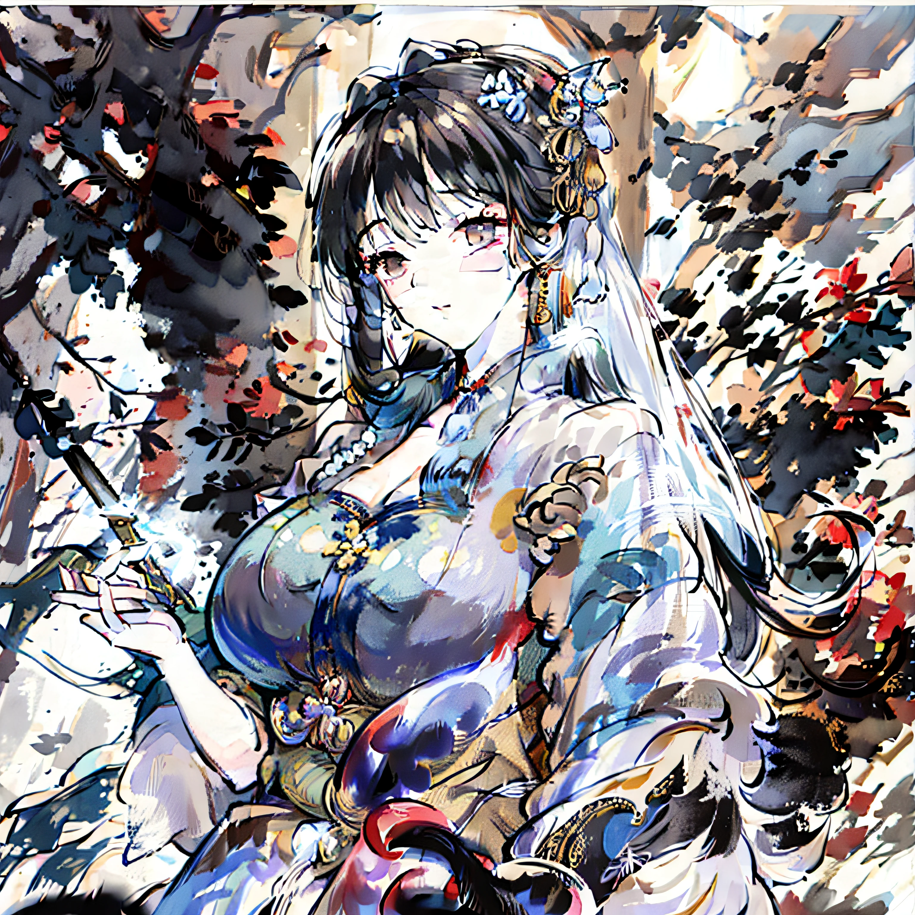 Black and white style,Only black and white,Maximalism,dark haired,long haired,Straight hair,dished hair,Shawl hair,asiatic,Hanfu,an lingerie,Bikini Big breast,Expressionlessly,Contemptuous,Frigid style,high qulity,anatomicaly correct
