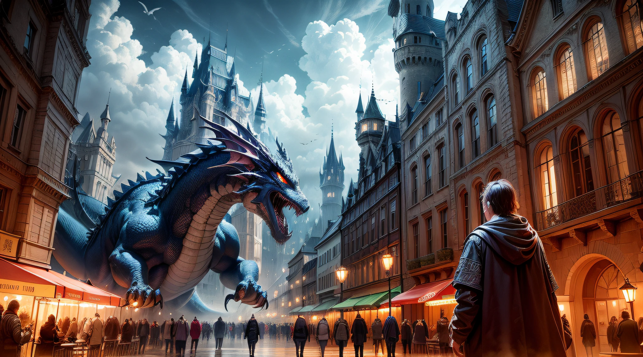 citys,Sparse crowd,Streets,((chic),Best Picture Quality,Visual spectacle,Magical atmosphere,Fantasy City|Quiet magic city,Summary of details,Immersive,Special effects lighting|Live lighting),middle ages,Europeans,Gothic architecture,Realistic light and shadow,highly resolution,Ultra detailded,Realistic texture,Bold textures,Crazy textures,big dragon,A dragon without hands,The dragon carries the castle on its back,Enchanted castle,Ghastly。