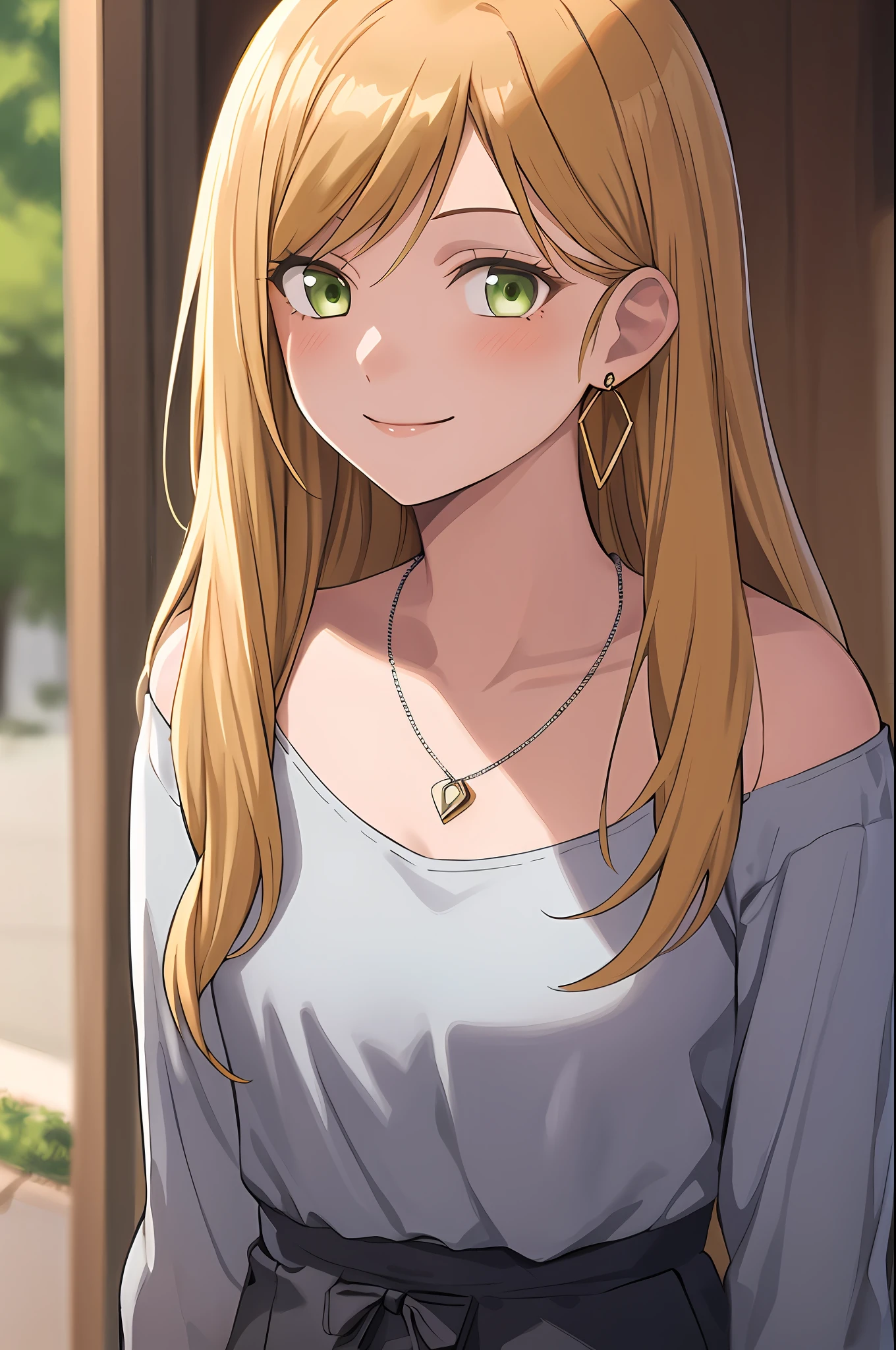 1girl, bag, bangs, blonde_hair, collarbone, earrings, green_eyes, jewelry, long_hair, necklace, shirt, smile, solo, upper_body
((best quality)), ((masterpiece)), (detailed), ultra detailed