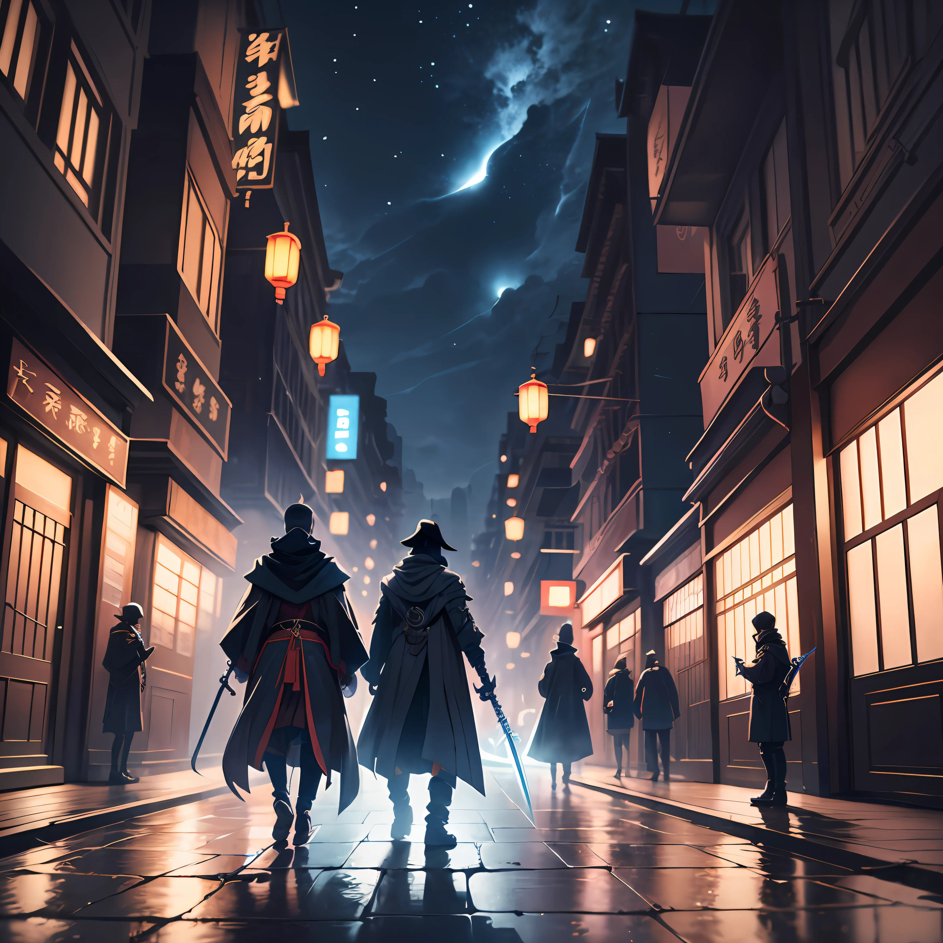 Ancient Chinese architecture,Streets,Night,Two people were fighting in the distance,An anime boy,With a cloak,Wearing a black coat,With a black mask,With a long sword in his hand,Ancient Chinese architecture