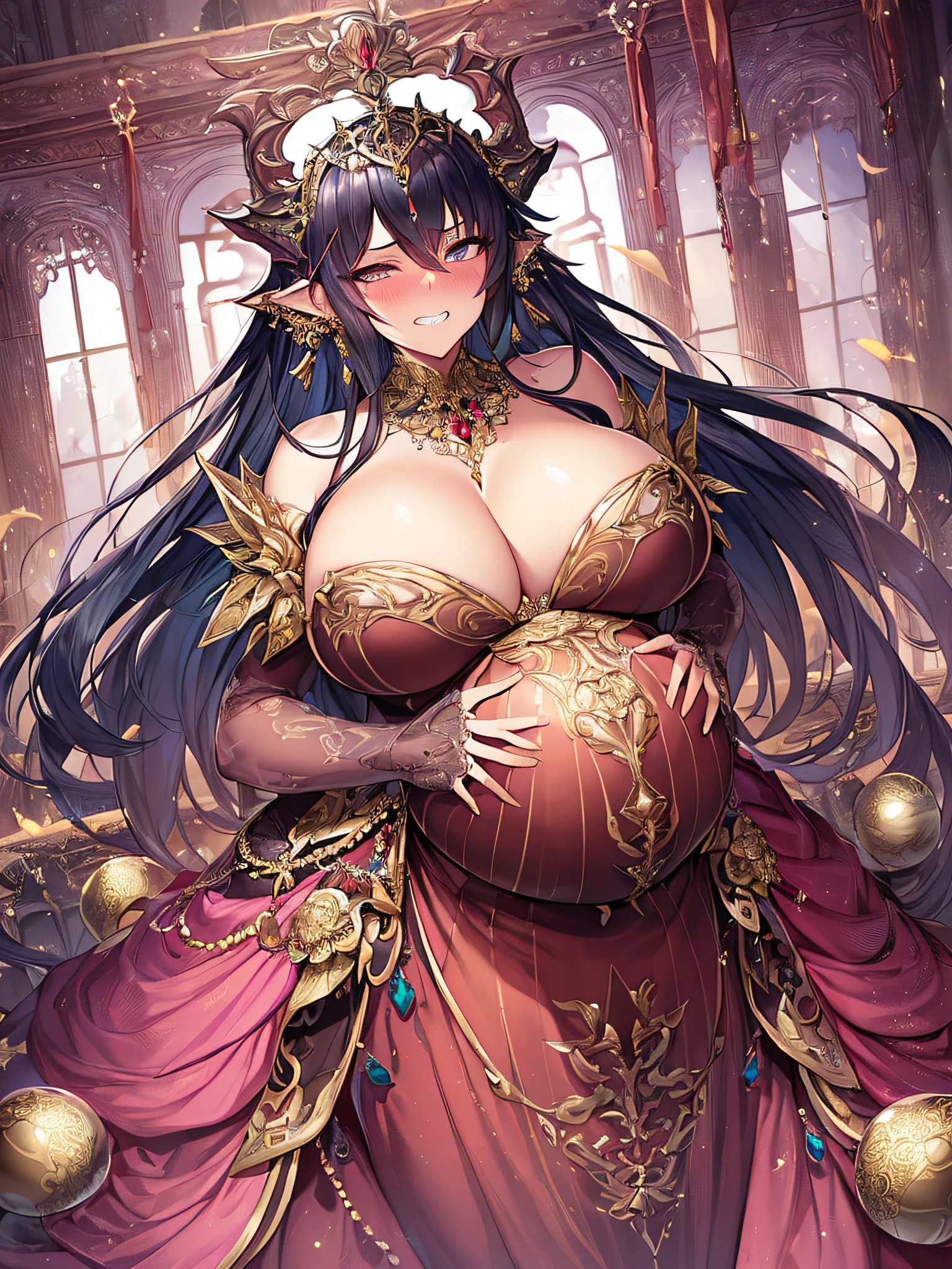 ((anime artstyle)),(Masterpiece),(Best Quality), (Super Detail),((Very Delicate and Beautiful)),Focus on character,Dynamic Angle,Looking at viewer,((Solo)),standing,(((full body))),((one evil pregnant princess in gorgeous ball gown with voluminous skirt)),detailed face and eyes,((heavily pregnant)),((clenched teeth,blush)),embarrassed,jewel-like eyes,((Very Long voluminous Hair)),gorgeous embroidery and lace,See-through,ornate ruffles,Gorgeous jewelry ornaments,luxury hair ornament,luxury and evil tiara with jewels,(gigantic breasts,Long breasts),full body,(((evil and dark atmosphere))),full body,heavily pregnant,(inside of prison),jeweled evil ball gown,(((gorgeous ball gown with voluminous skirt)))