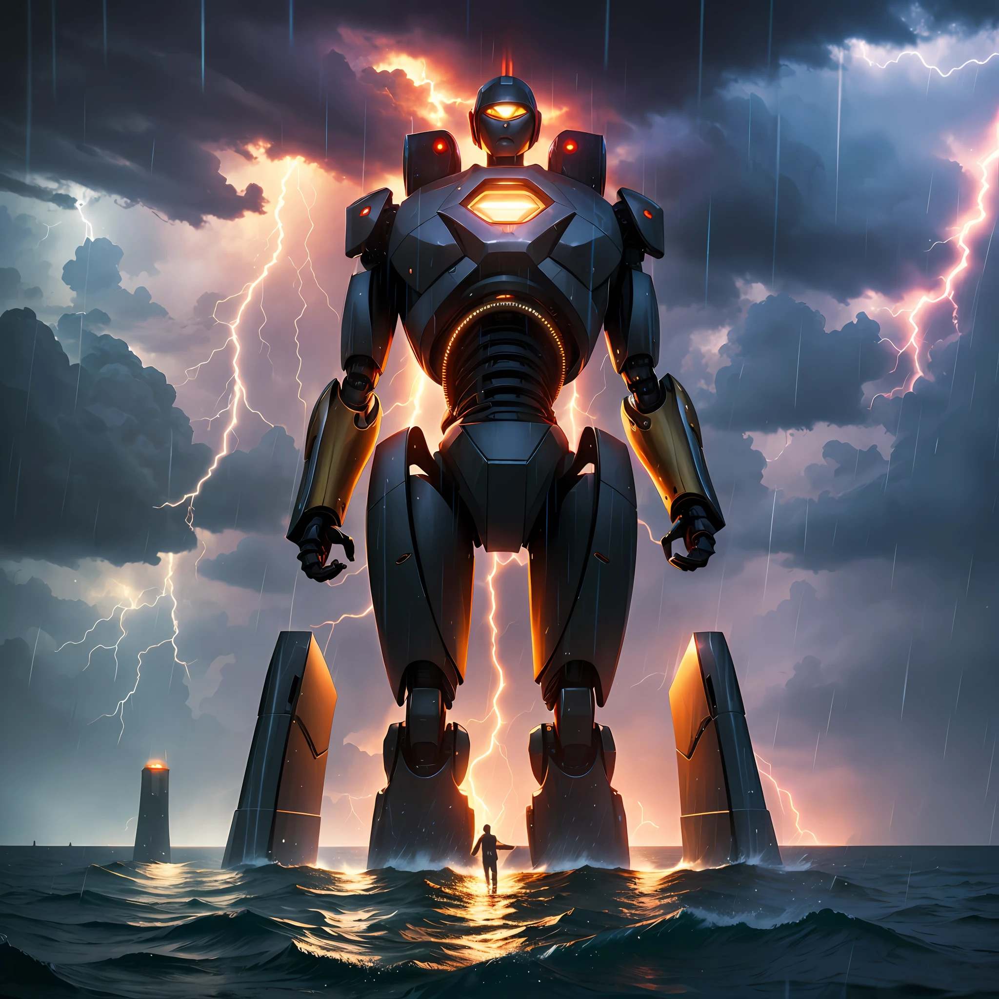 A huge, White-gold, One-eyed mech, Stand on the sea, Accompanied by heavy rain and lightning, surrealism, Cinematic lighting, high detailes --auto