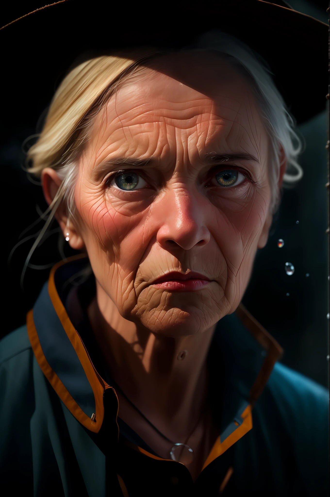 (sharp focus:1.2), an award winning photo of an old woman peasant, water droplets, thunderstorm outside, lightning back lighting, , lines on face, wrinkles, extremely detailed skin, sadness, hopelessness ,cloudy eyes, (deep shadows:1.1), high contrast, beautiful eyes, absurdres, 8k, (high quality:1.3), , artstation hd, concept art, detailed face and body, award-winning photography, (moody lighting:1.2), depth of field, bokeh, 4K, HDR