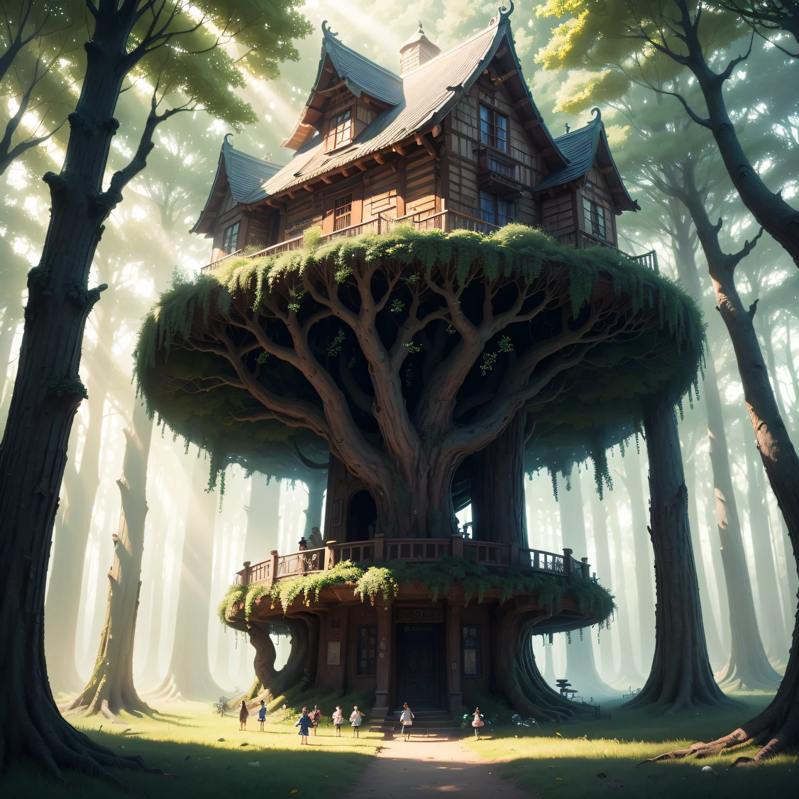 ，masterpiece, best quality，8k, ultra highres，In a mysterious enchanted forest，Sunlight shines through the gaps between the dense leaves，Formation of mottled light spots。Fine dust dances in the air，It creates a magical atmosphere。The huge mushroom house emits a faint fluorescence，There was brilliant magic dust floating around，It makes the whole scene seem dreamlike。A group of small fairies hold colored ribbons，Play and laugh among the trees，Their bodies shimmer with colorful light，As if it really came from a fairy tale。 --auto