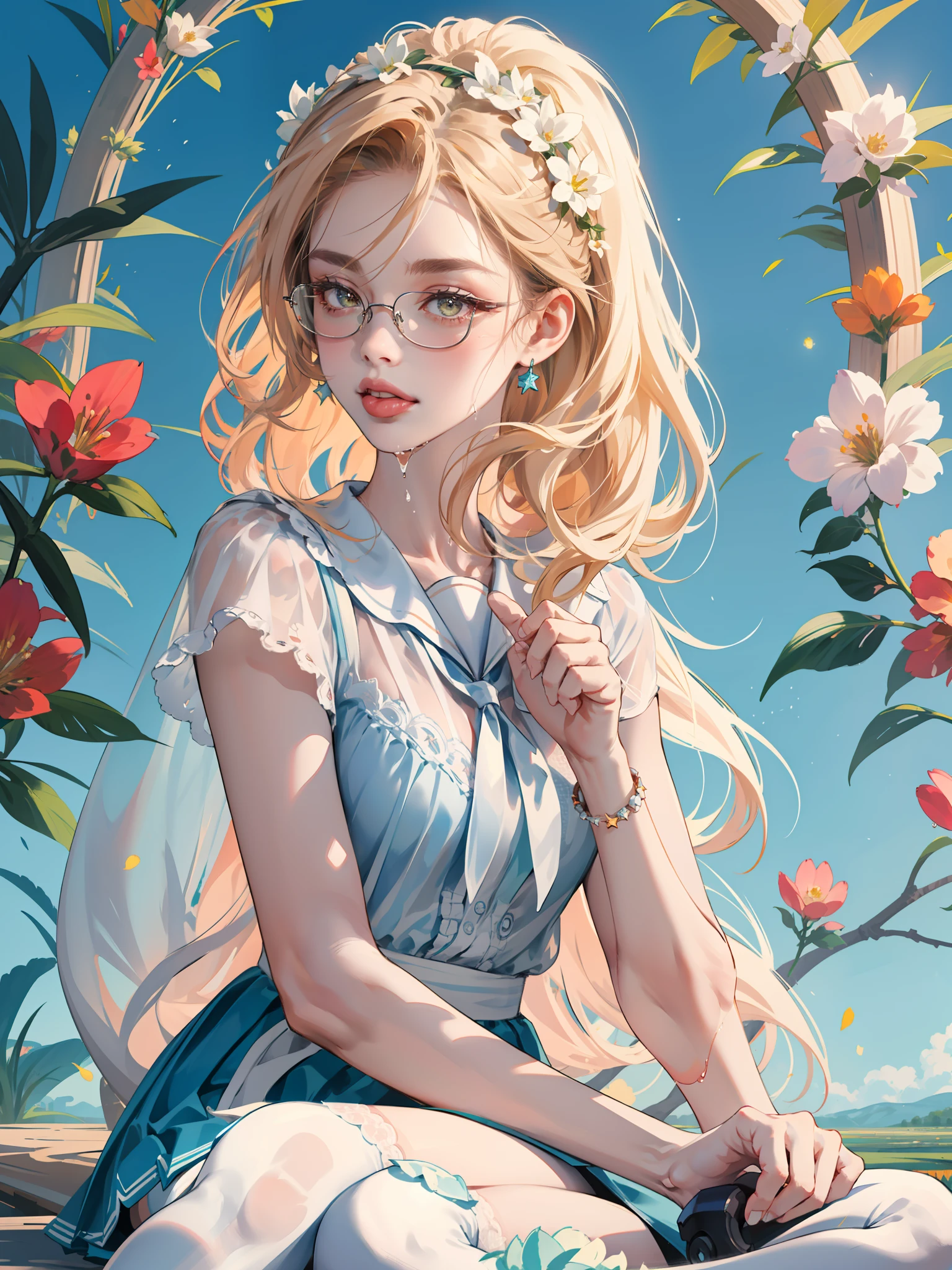 Close one eye，Watery eyes，lipsticks，Stick out your tongue，tiger teeth，short ponytail hair，Messy hair，Wave head，Princess cut，Fluffy hair，Pearl bracelet，Jewelry，Rimless glasses，lacetrim，Camisa blanca，vests，See-through installation，Maid outfit，JK school uniform，sailor suits，Lolita style，A barefoot，roller skates，Ruffled socks，Wet pantyhose，Lace wreath on the legs，garter belts，Cross legs，Stand，[Boo gesture]，Put your hand to your mouth，dynamic angle，Facing the viewer，Lifting skirt，Adjust over-the-knee socks，stooping，Holding a mug，Hold the cheeks，Pinch your hair，autumnal，skies，As estrelas，meteor shower，rainbowing，falls，rice paddy，cliffs，flowerfield，playground，water fountain，Temple，exploding，Magic ring，stained glass colored，steamy，Star Angel，Starry Sky Law，masterece-piece，high detailes，Medium shot，exquisite facial features，Perfect face，Glowing skin