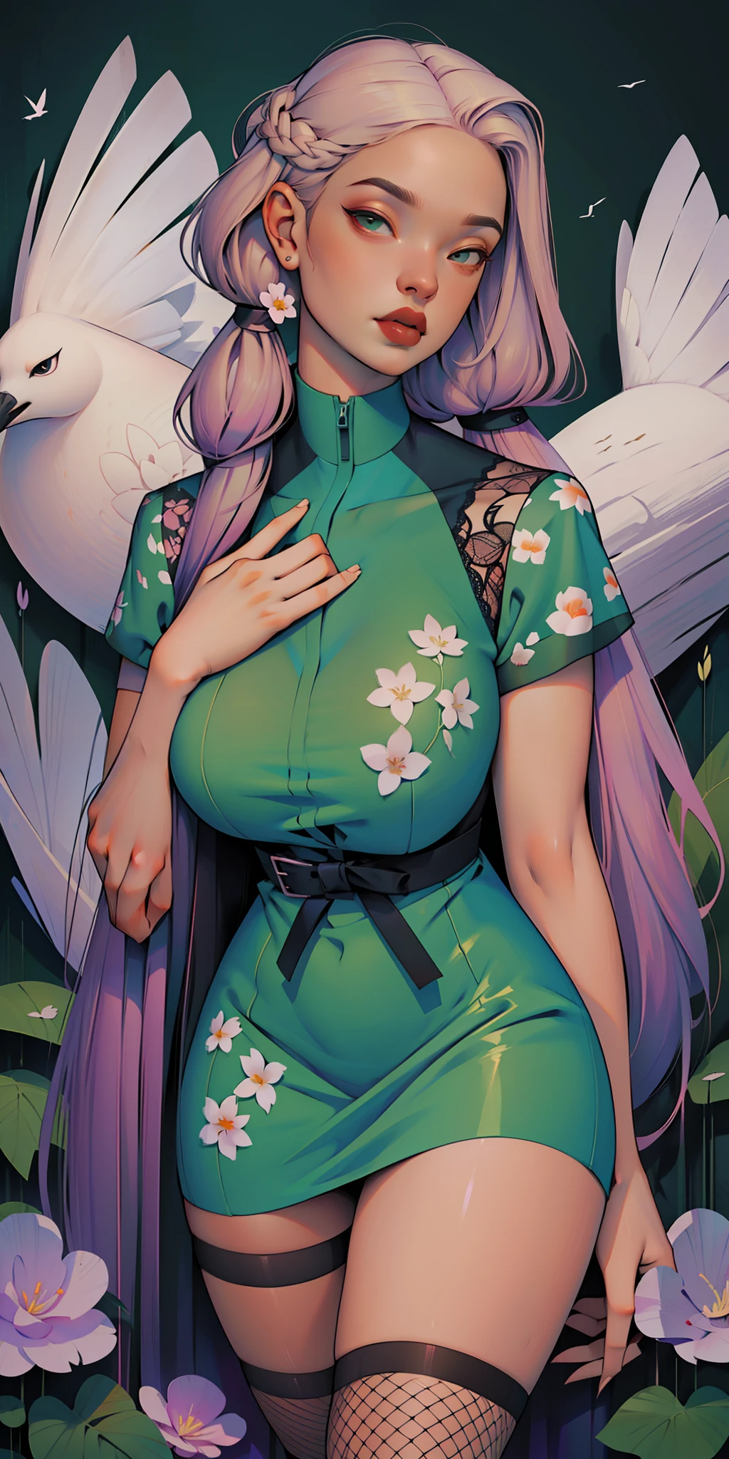 Happy, cozily, mentally, Romantic, Background, in chic lavender white purple mint hair, mixed-language_SMS, (beautiful and clear background:1.2),, fantastic paintings ,graffit style, olhos altamente detalhados , Underwear, lace, latex, Long pigtails, braid, Long Hair, cool hairstyle, Flora Print, Birds, Plants, sweets, tattoo, Loving, Love, ultra detailed hair, Masterpiece, Best Quality, hig quality, high-resolution, detail enhancement, ((most beautiful image in the world)), Masterpiece, Best Quality, hig quality, high-resolution, detail enhancement, ((most beautiful image ), Shiny degraded hair, ultra chic Stampa Flores dress, tights in a mesh,, art by stjepan sejic, art by j scott campbell, art by guillem march, art by citemer liu, 4k, high-resolution, comic book character, comic, high quality detailed, style of ::2.0 comix illustration style,tatoon style, hig quality, high-resolution, detail enhancement, 8K, HD, Best Quality, hig quality, high-resolution, detail enhancement, 8K, HDR, Sharp focus, Ultra Detailed, Perfect lighting, Curvy Body, Lush breasts, Curvy hips