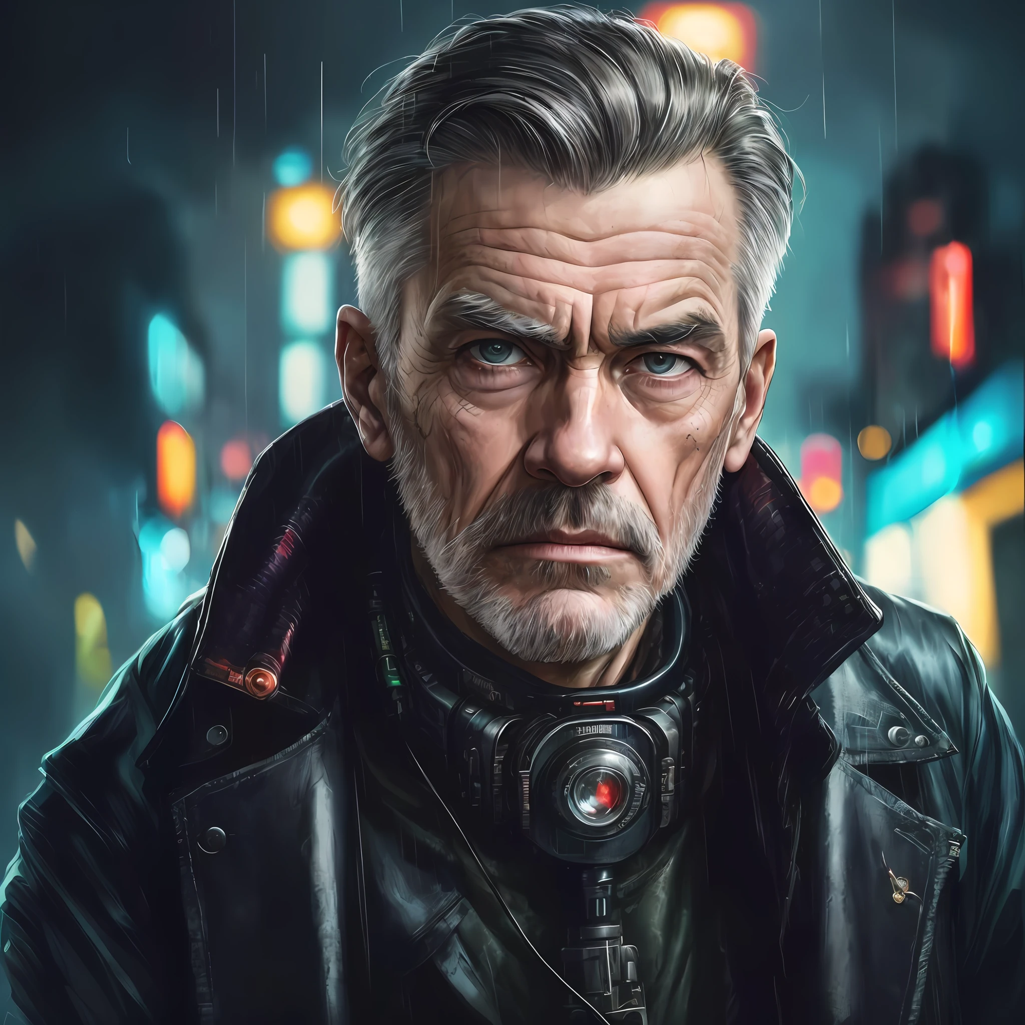 um close up de um homem com uma jaqueta de couro e fones de ouvido, Velho cyberpunk, Retrato de um homem cyberpunk, estilo cyberpunk hiper-realista, estilo cyberpunk , hiper-realista, retrato cyberpunk, pintura digital cyberpunk, arte cyberpunk ultrarrealista 8k, arte do personagem cyberpunk, cara cyberpunk, personagem cyberpunk, Stefan Koidl inspirado, dystopian sci-fi character, estilo de arte cyberpunk