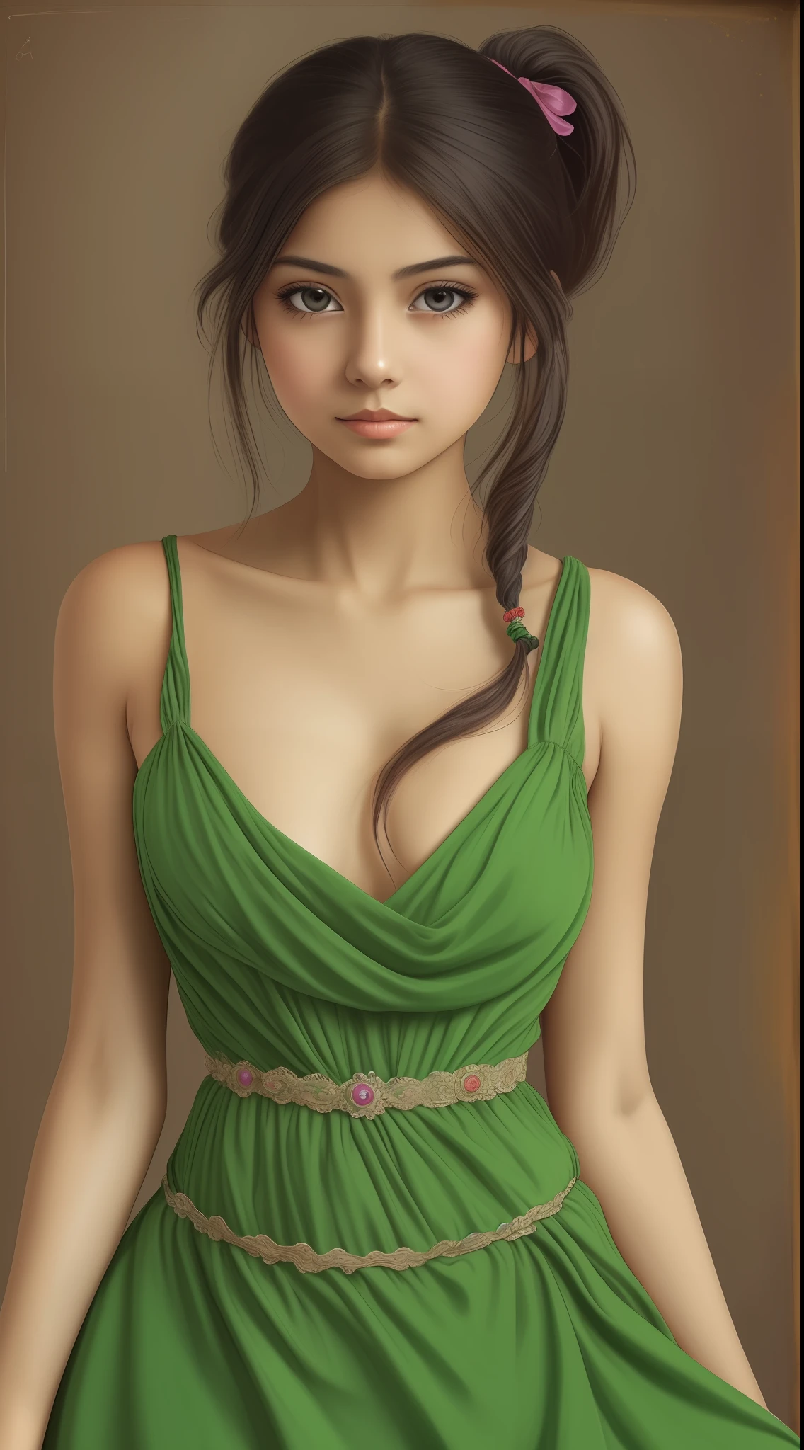 (masterpiece), 1 mexican girl, in a green dress, highly detailed, waist leaking, ponytail contorted, charming expression, beautiful and clear eyes