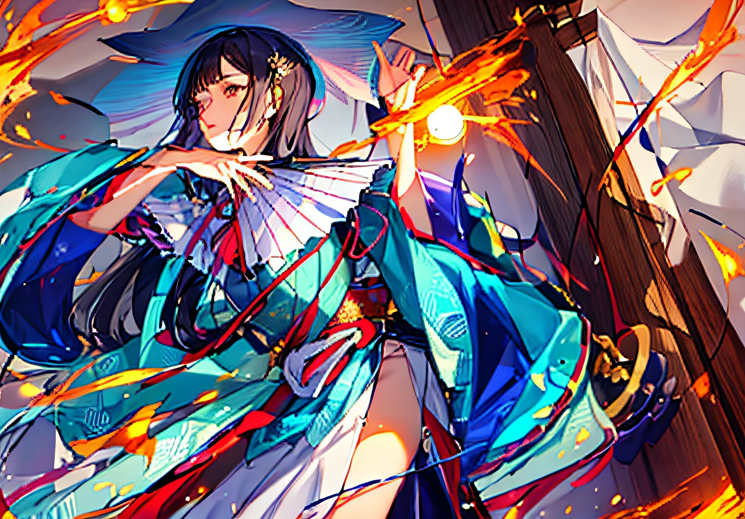 a drawing,A beautiful Japanese witch,Wearing a shrine witch costume,Dancing。Behind her is a shrine,The moonlight shines。A flame burned around her