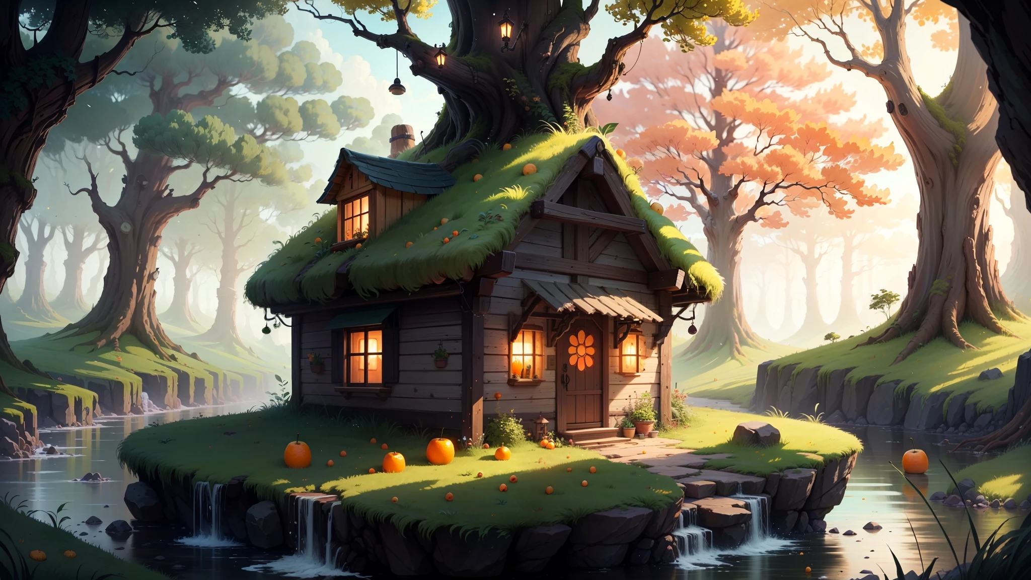 small home made from lots of orange fruit, in the orange fruit background, (8k), (4k), (masterpiece), (best quality), in the fantasy world, natural, moss, anime and game vibes, joyful, orange fruit background