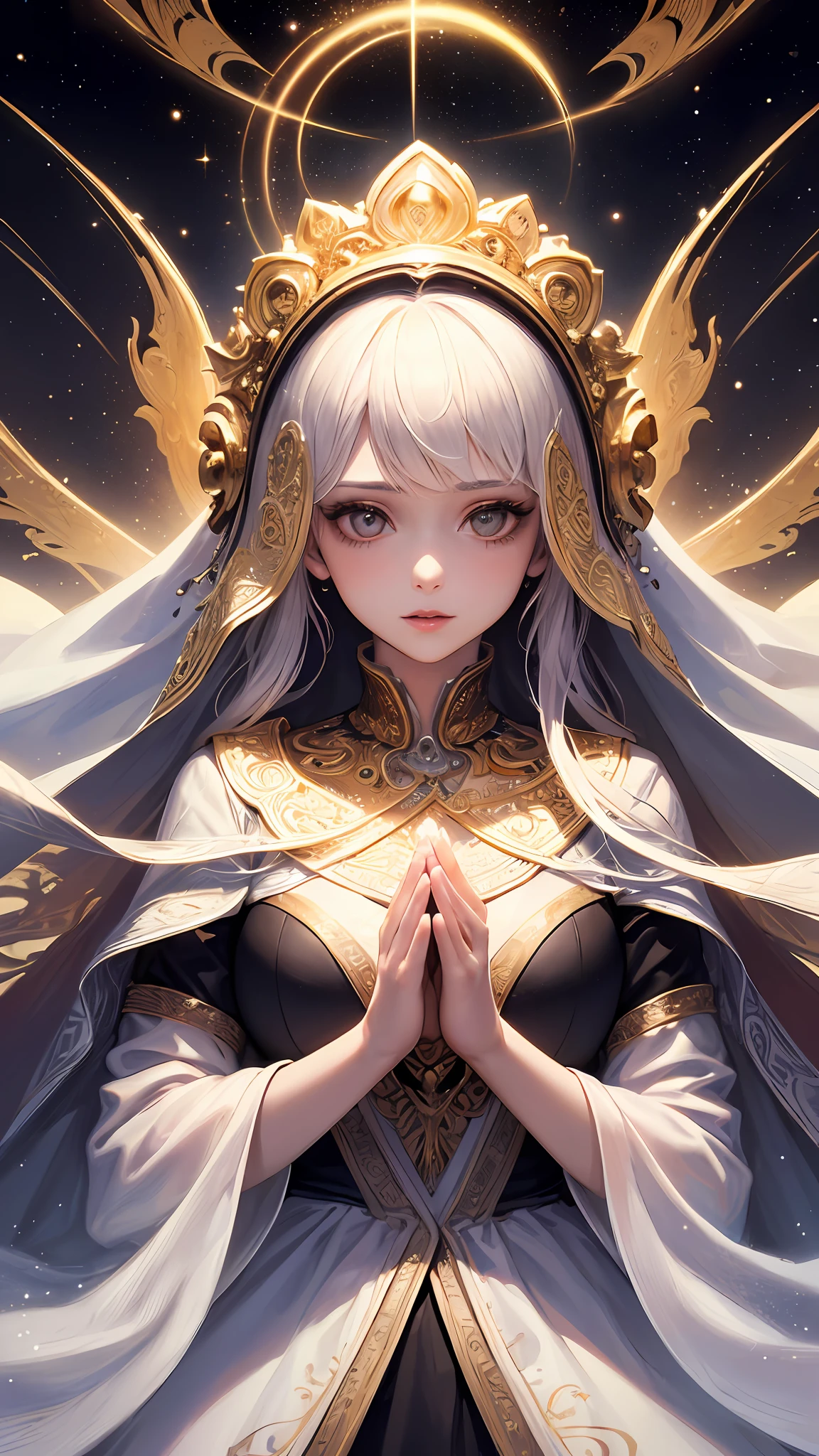 (masterpiece, top quality, best quality, official art, beautiful and aesthetic:1.2), (1girl), extreme detailed, (fractal art:1.3), colorful, highest detailed, perfect face, upper body, HDR, (praying:1.3), (white cloak golden lines:1.2), galaxy, (light streaks), striking visuals, (dynamic streaks, luminous trails:1.2), vibrant colors,