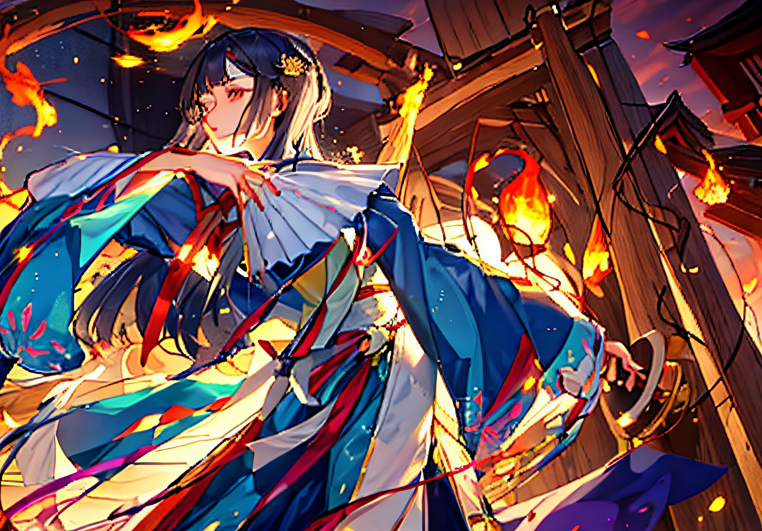 a drawing,A beautiful Japanese witch,Wearing a shrine witch costume,Dancing。Behind her is a shrine,The moonlight shines。A flame burned around her