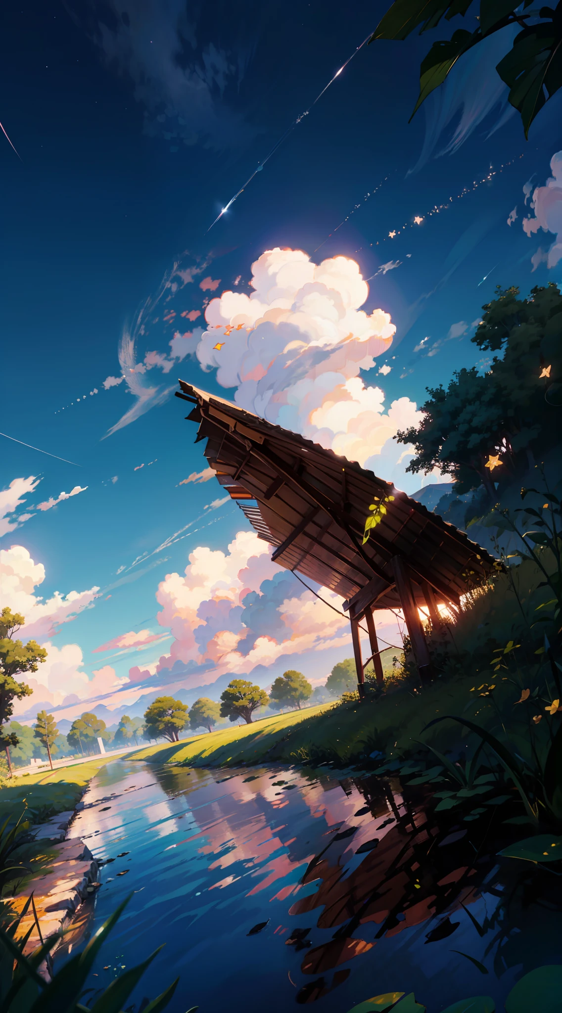 Summer, White Clouds, Runway: 1.2, Tree, Shooting Star, Small Waterhole, Reflection, Shady, Sunlight, Wide Angle, Best Quality, 8K, Perspective, Depth of Field, High Resolution, Fine Detail, Ultra Detail, Sharp Focus