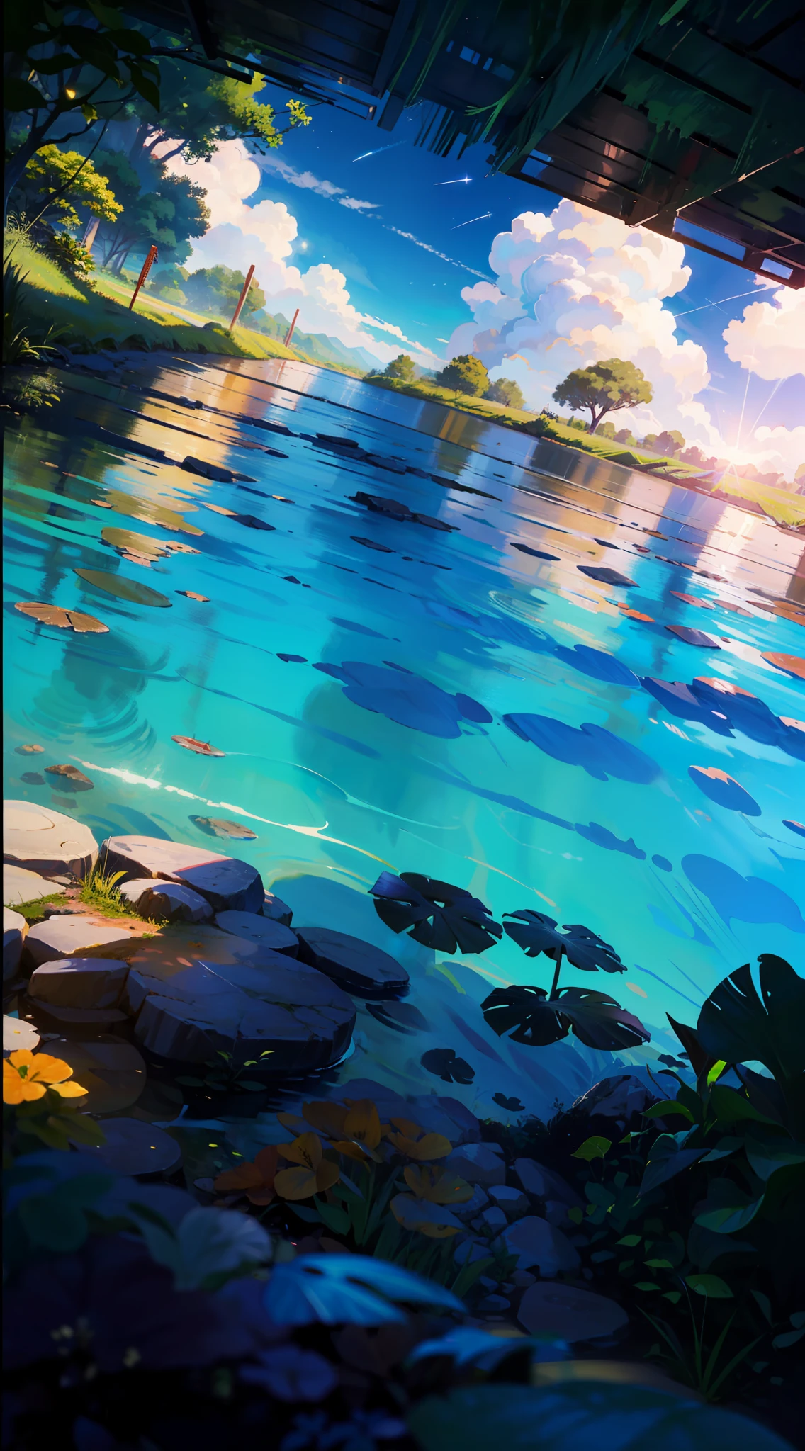 Summer, White Clouds, Runway: 1.2, Tree, Shooting Star, Small Waterhole, Reflection, Shady, Sunlight, Wide Angle, Best Quality, 8K, Perspective, Depth of Field, High Resolution, Fine Detail, Ultra Detail, Sharp Focus