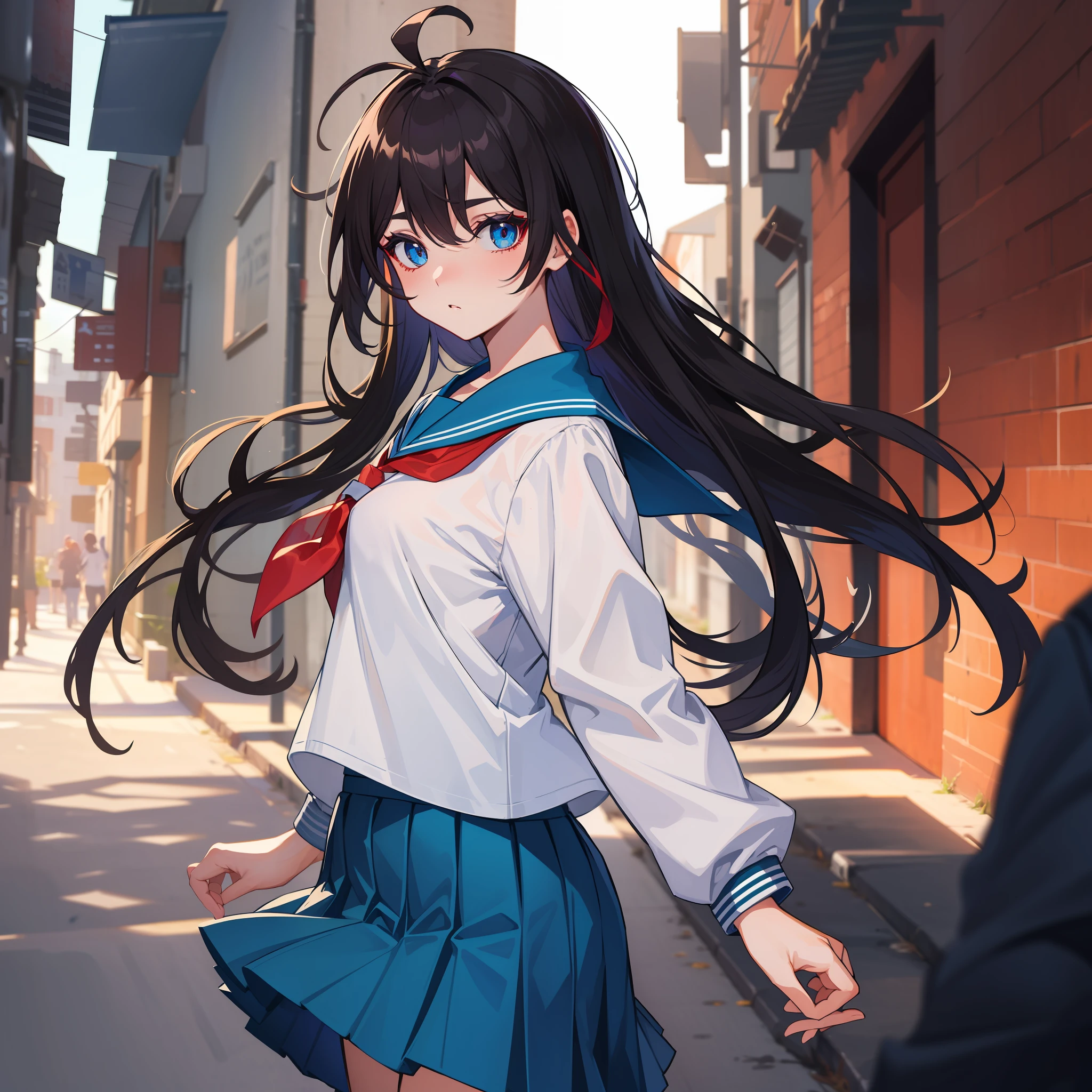 detailded、1a girl、(dark haired)、Long hair、Ahoge falls on the eyes、Back alley、standing a、Student uniforms、 sock, serafuku, neckerchief, Sailor collar, preated skirt, white sock, Blue skirt, Half-sleeved, shirts, whiteshirt, Blue sailor color, Blue neckerchief,bangs bangs、Blue Eye、((Red eyeshadow))、cow-boy shot、deadpan