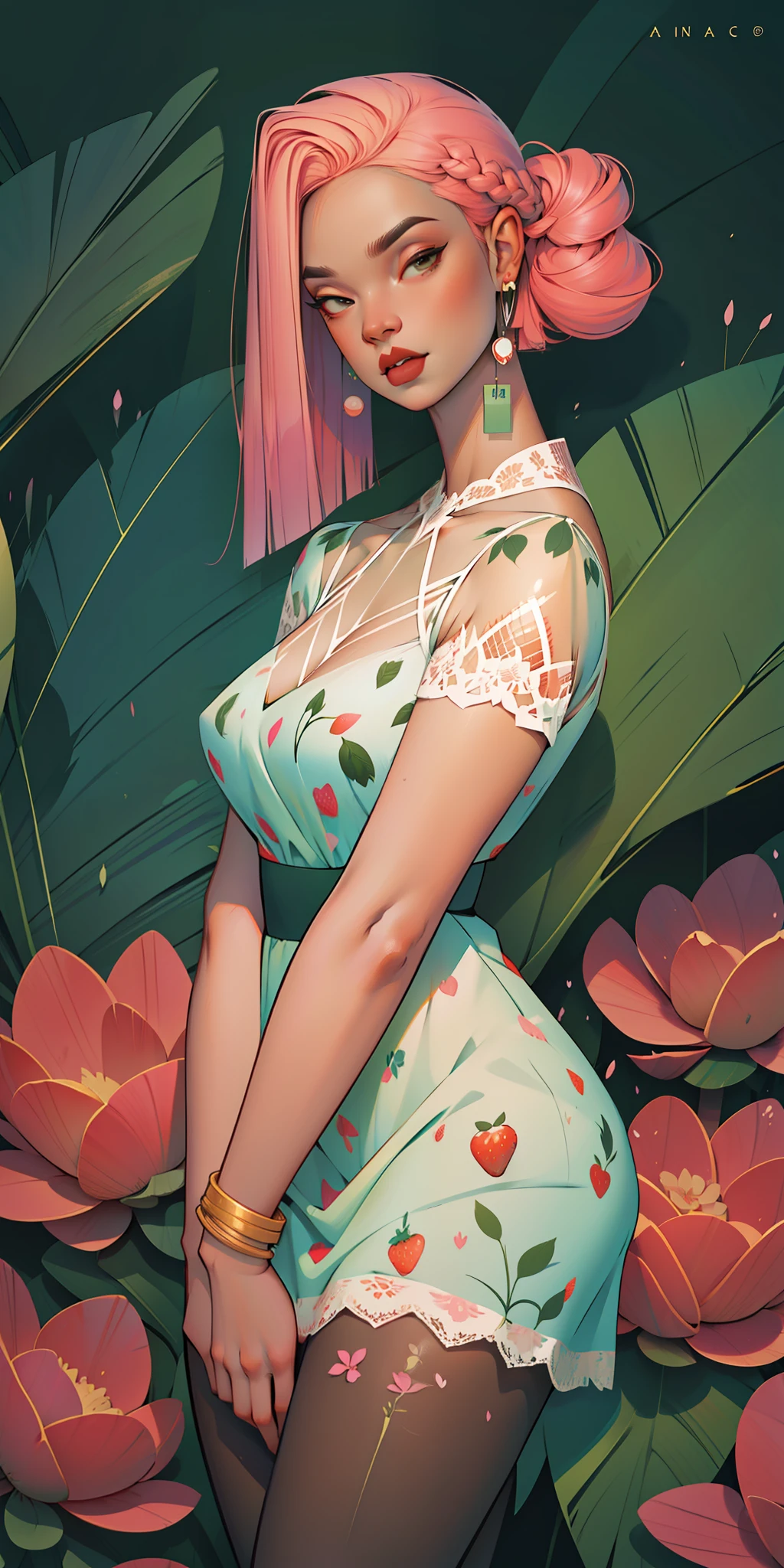 Happy, cozily, mentally, Romantic, Background, in chic white, pink, yellow, blue, Crimson, strawberry lavender purple mint hair, mixed-language_SMS, (beautiful and clear background:1.2),, fantastic paintings ,graffit style, olhos altamente detalhados , Underwear, lace, latex, Long pigtails, braid, Long Hair, cool hairstyle, Flora Print, Birds, Plants, sweets, tattoo, Loving, Love, ultra detailed hair, Masterpiece, Best Quality, hig quality, high-resolution, detail enhancement, ((most beautiful image in the world)), Masterpiece, Best Quality, hig quality, high-resolution, detail enhancement, ((most beautiful image ), Shiny degraded hair, ultra short strawberry print dress Stampa Flores, tights in a mesh, ornaments, bangles, Rings, pearcing, Simple Ring Earrings, cool hairstyle, art by stjepan sejic, art by j scott campbell, art by guillem march, art by citemer liu, 4k, high-resolution, comic book character, comic, high quality detailed, style of ::2.0 comix illustration style,tatoon style, hig quality, high-resolution, detail enhancement, 8K, HD, Best Quality, hig quality, high-resolution, detail enhancement, 8K, HDR, Sharp focus, Ultra Detailed, Perfect lighting, Curvy Body, Lush breasts, Curvy hips
