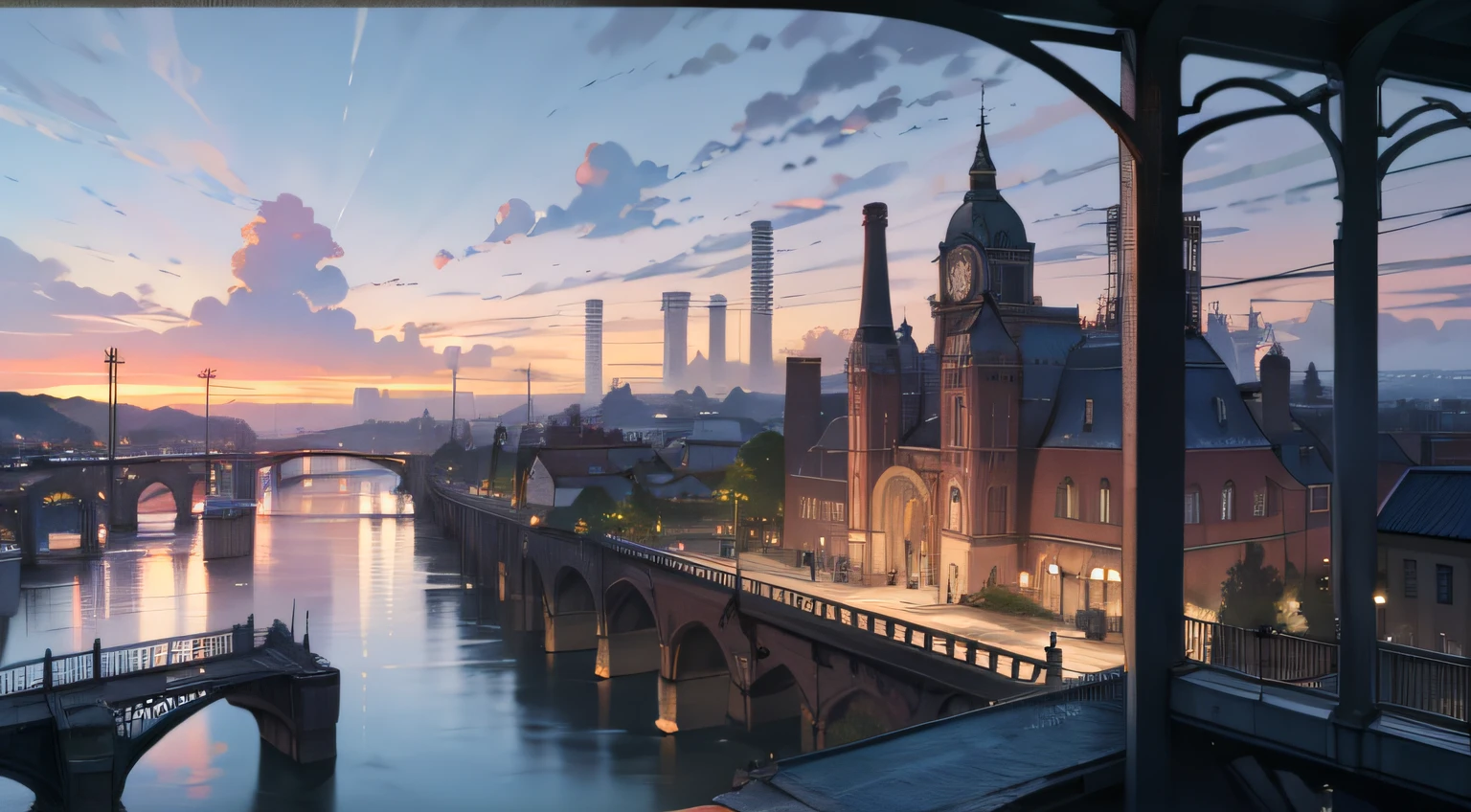 (8k, RAW photo, best quality, masterpiece), architecture, beach, evening_sky, boat, bridge, building, city, city_lights, cityscape, cloud, cloudy_sky, evening, victorian_architecture, horizon, house, landscape, mountain, no_humans, ocean, outdoors, river, rooftop, scenery, sky, skyline, skyscraper, tower, town, water, watercraft, waterfall, time progression, (19th century, victorian, industrial,factories),