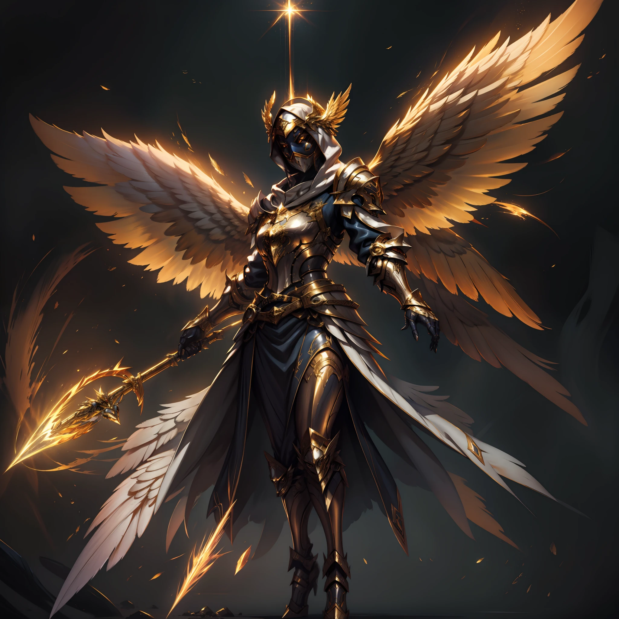 Golden armored angel, wings made of energy, metal halo, no face, hooded, gold, fantasy, concept art, ultra realistic, character art by greg rutkowski