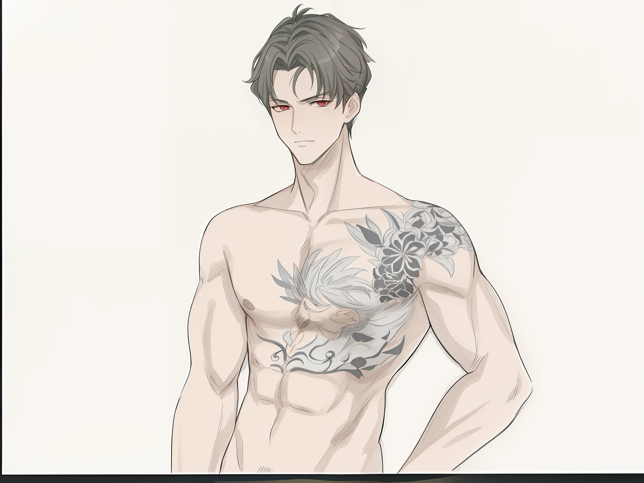A man with a poor man on his chest, Inspired by Xiao Yuncong, highly detailed exquisite fanart, Handsome guys in Demon Slayer Art, inspired by Bian Shoumin, handsome japanese demon boy, inspired by Itō Ogura Yonesuke, inspired by Joong Keun Lee, highly detailed whole body, Shirtless :: High detail, detailed fanart