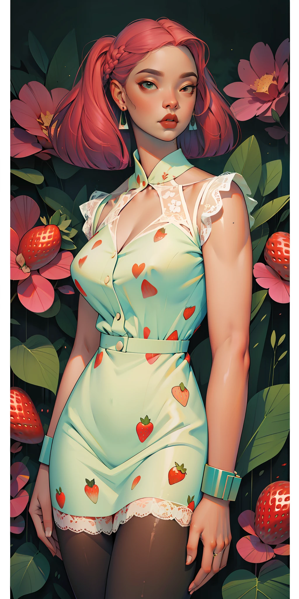 Happy, cozily, mentally, Romantic, Background, in chic white, pink, yellow, blue, Crimson, strawberry lavender purple mint hair, mixed-language_SMS, (beautiful and clear background:1.2),, fantastic paintings ,graffit style, olhos altamente detalhados , Underwear, lace, latex, Long pigtails, braid, Long Hair, cool hairstyle, Flora Print, Birds, Plants, sweets, tattoo, Loving, Love, ultra detailed hair, Masterpiece, Best Quality, hig quality, high-resolution, detail enhancement, ((most beautiful image in the world)), Masterpiece, Best Quality, hig quality, high-resolution, detail enhancement, ((most beautiful image ), Shiny degraded hair, ultra short strawberry print dress Stampa Flores,  tights in a mesh, ornaments, bangles, Rings, pearcing, Simple Ring Earrings, cool hairstyle,  art by stjepan sejic, art by j scott campbell, art by guillem march, art by citemer liu, 4k, high-resolution, comic book character, comic, high quality detailed,   style of ::2.0 comix illustration style,tatoon style, hig quality, high-resolution, detail enhancement, 8K, HD, Best Quality, hig quality, high-resolution, detail enhancement, 8K, HDR, Sharp focus, Ultra Detailed, Perfect lighting, Curvy Body, Lush breasts, Curvy hips